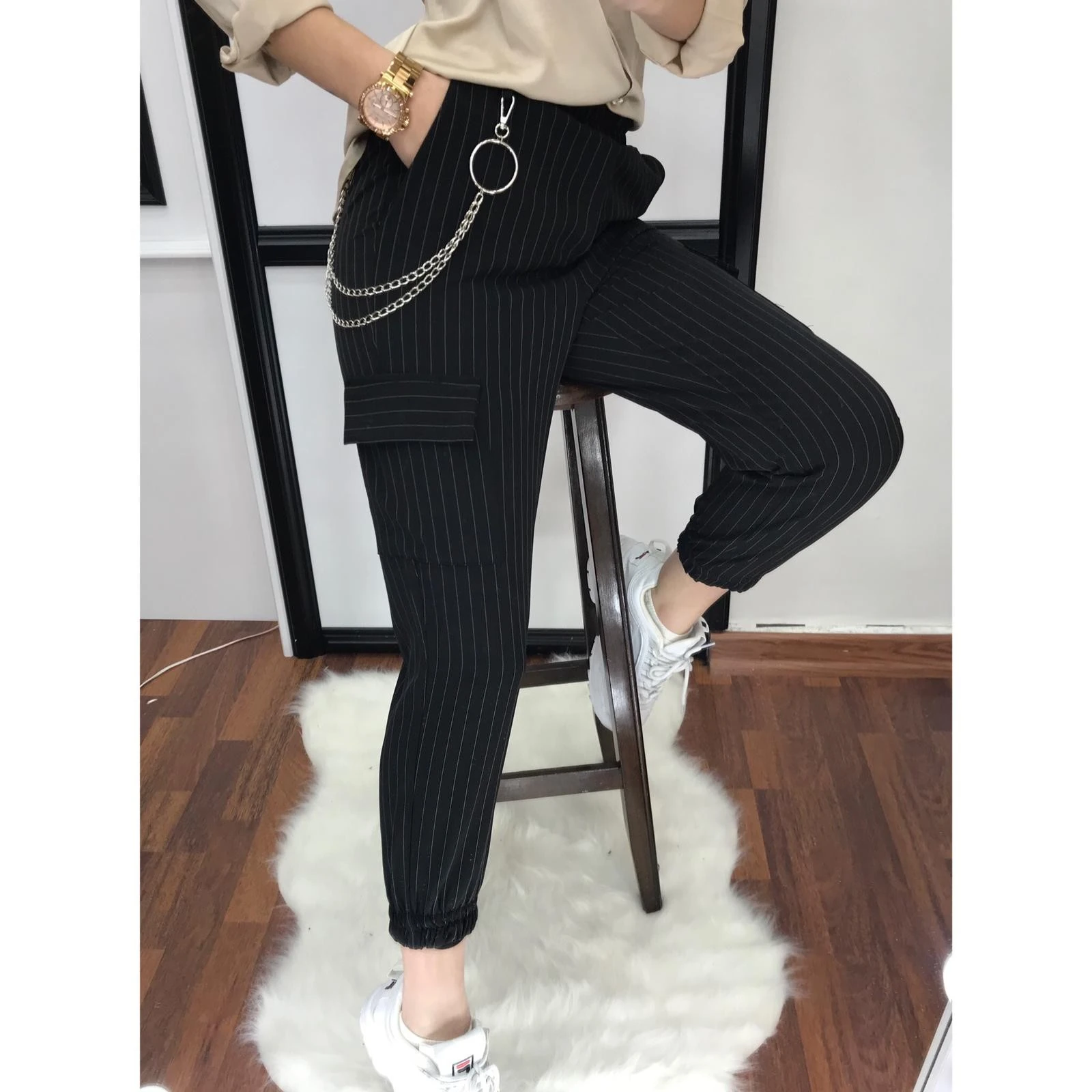 Zincirli Kargo Pantolon-Çizgili Siyah