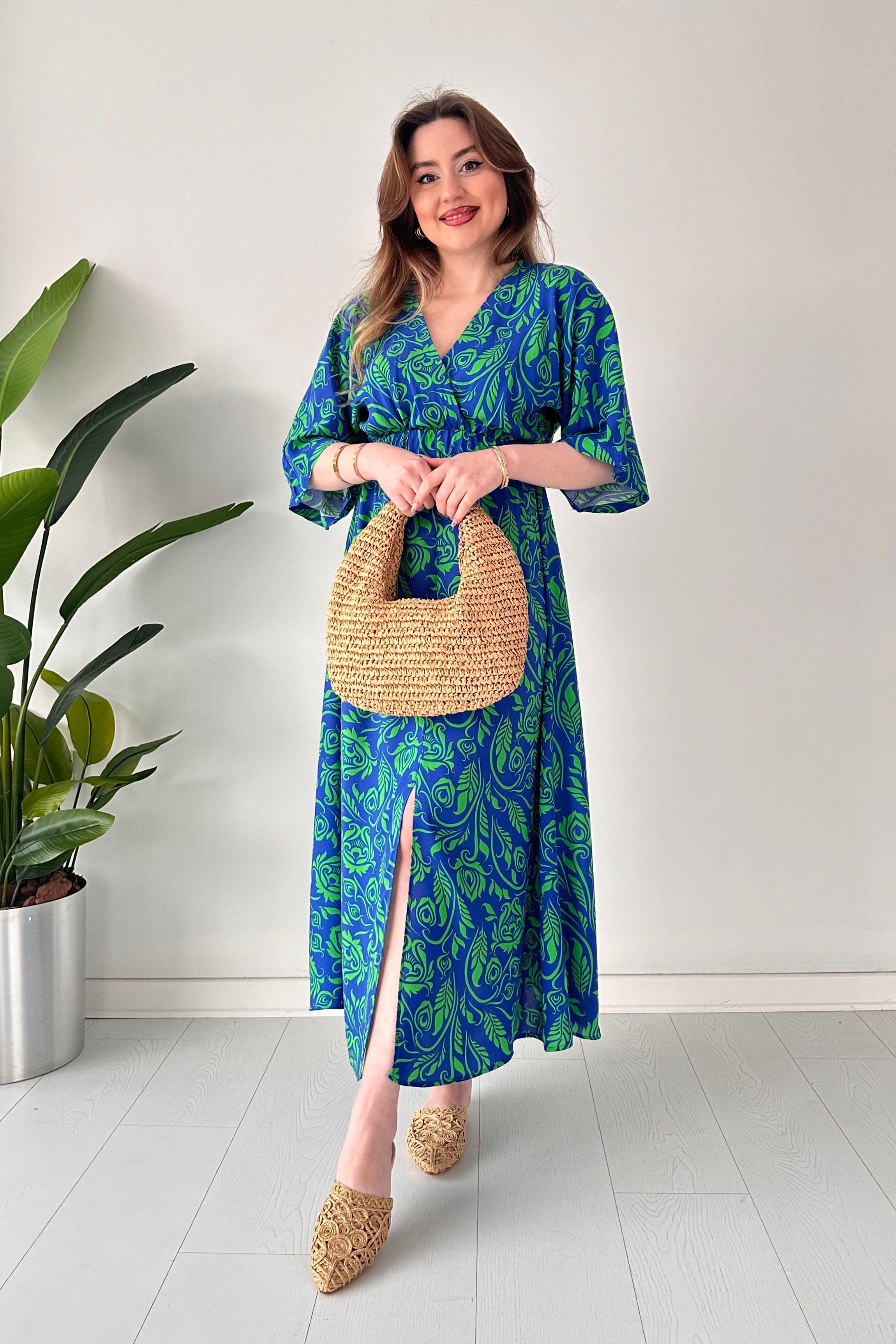 Yırtmaçlı Yarasa Kol Viskon Elbise Saks Mavisi