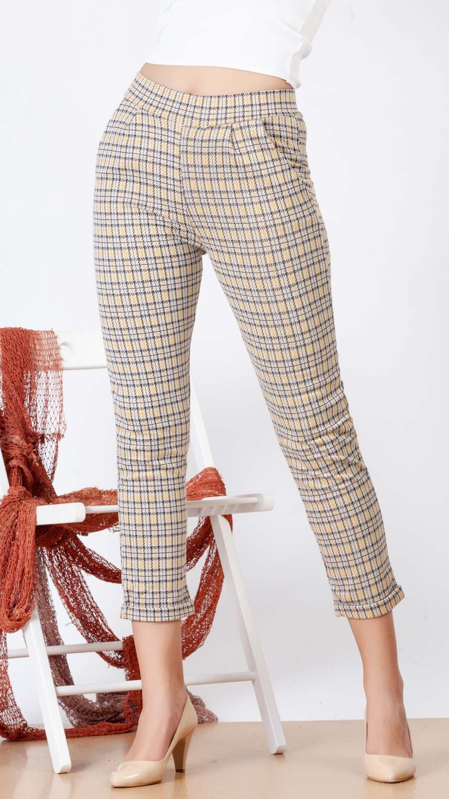 Yüksek Bel Büyük Kareli Pantolon - Sarı