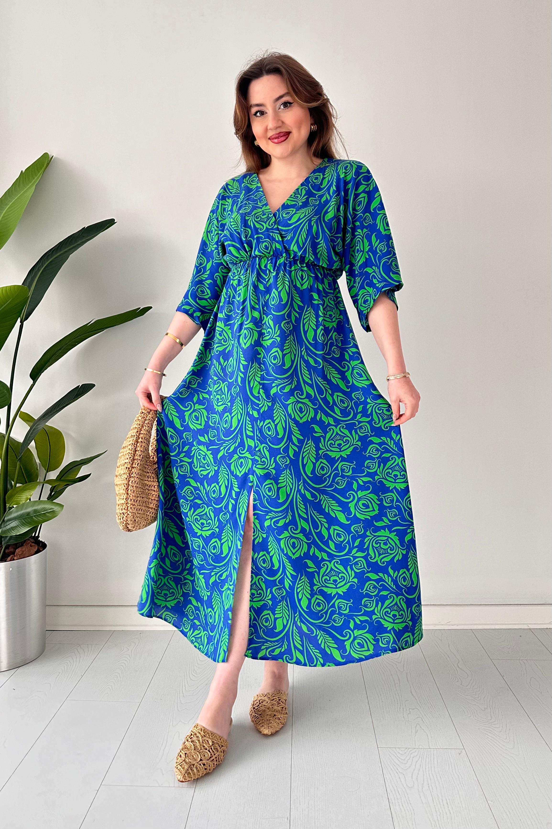 Yırtmaçlı Yarasa Kol Viskon Elbise Saks Mavisi