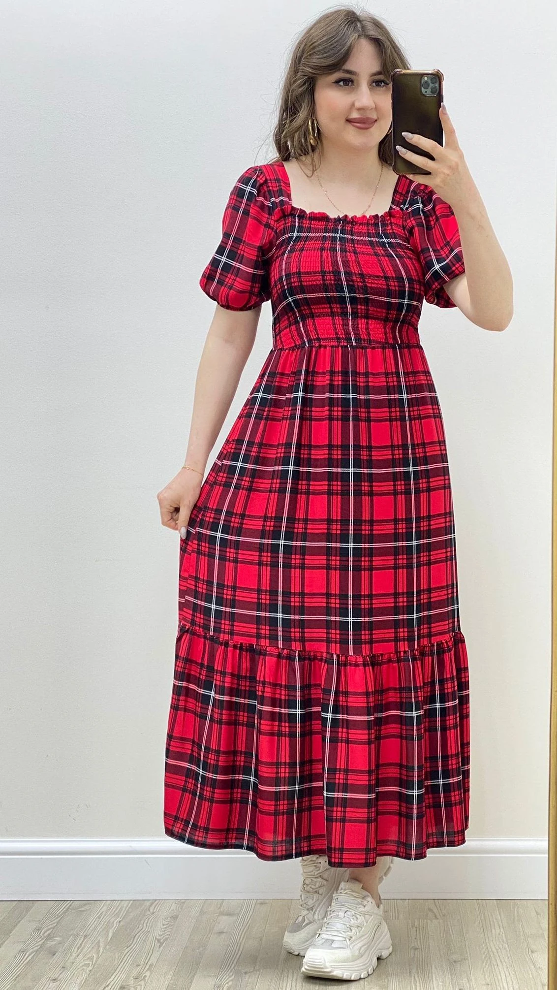 Gipeli Ekoseli Elbise Kırmızı