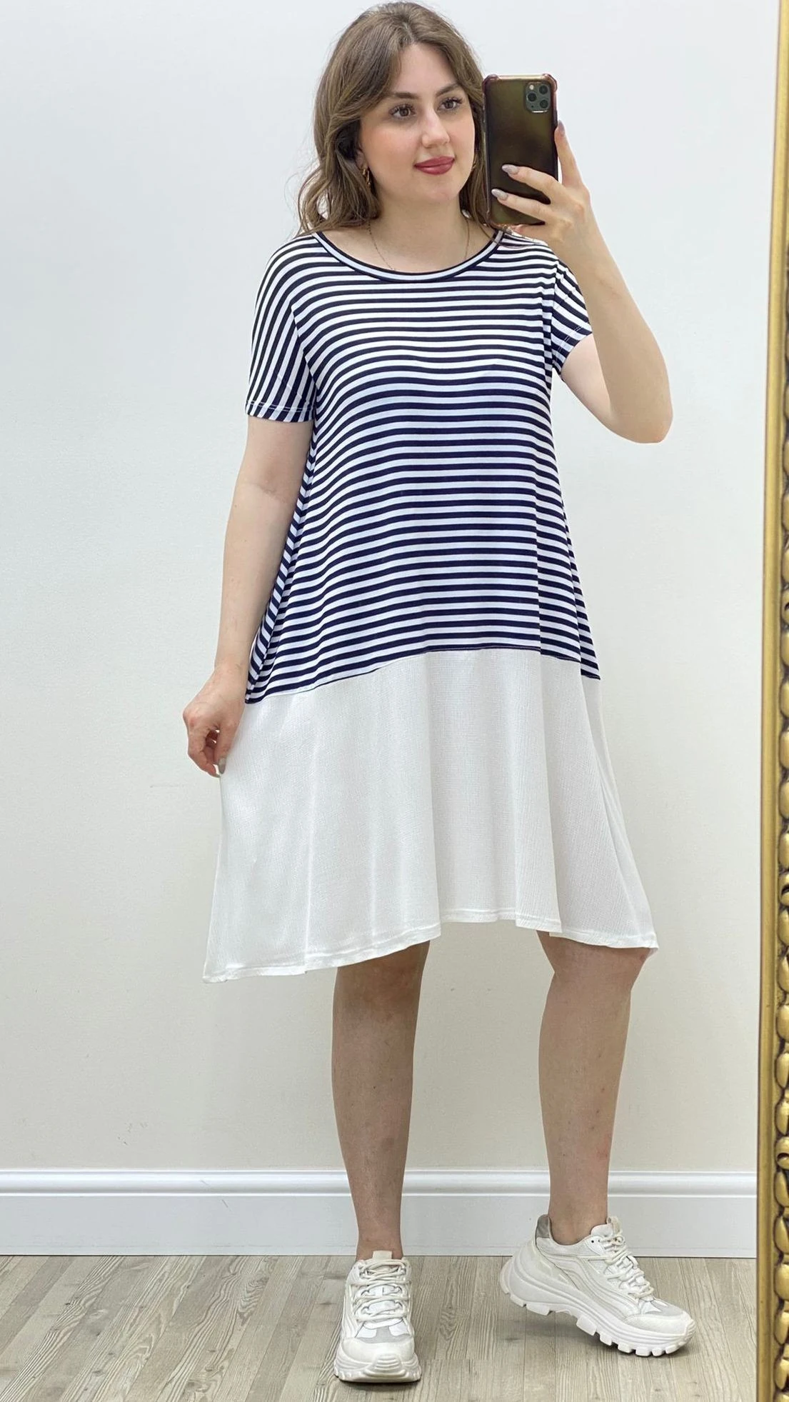 Çizgili Penye Elbise Lacivert