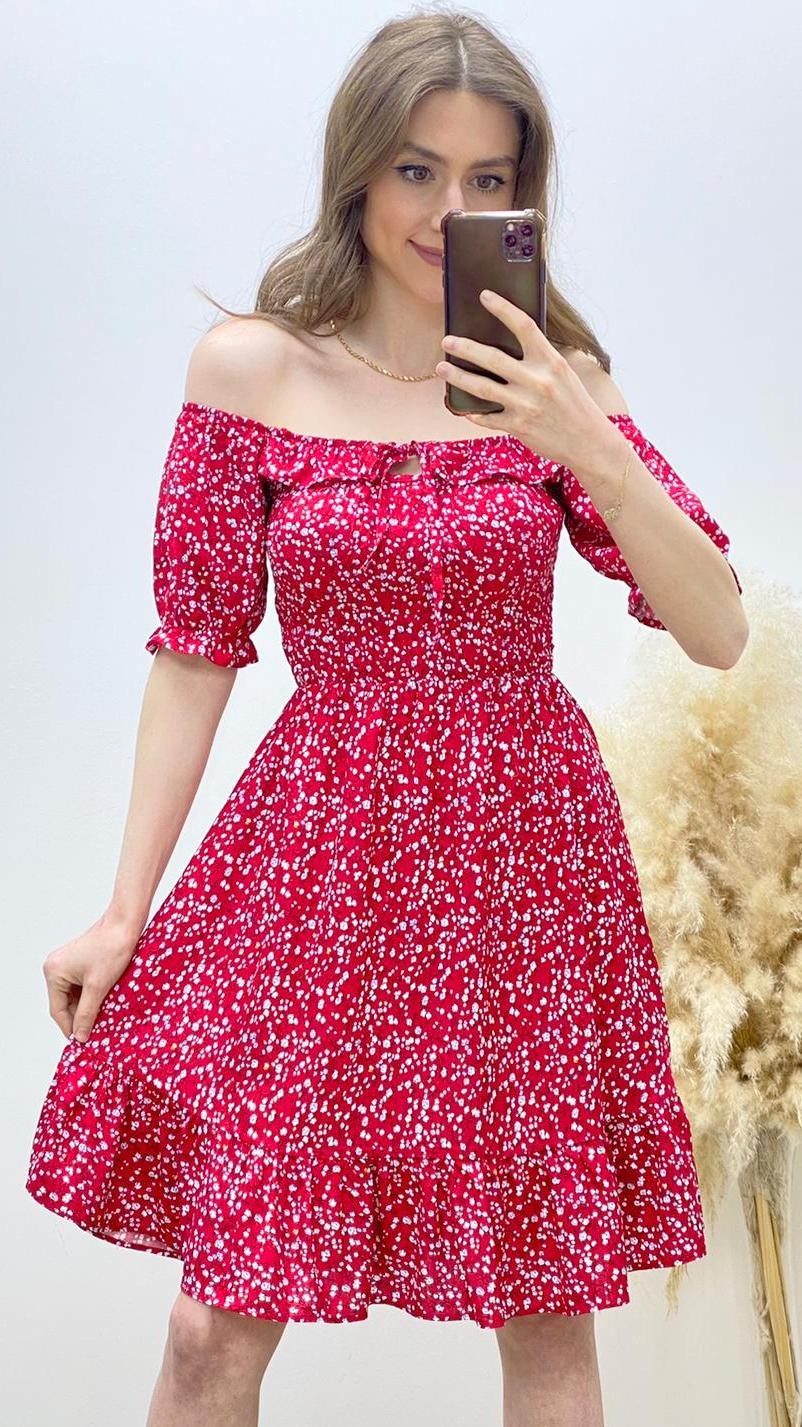 Kısa Kol Çıtır Desen Gipeli Kloş Elbise Kırmızı