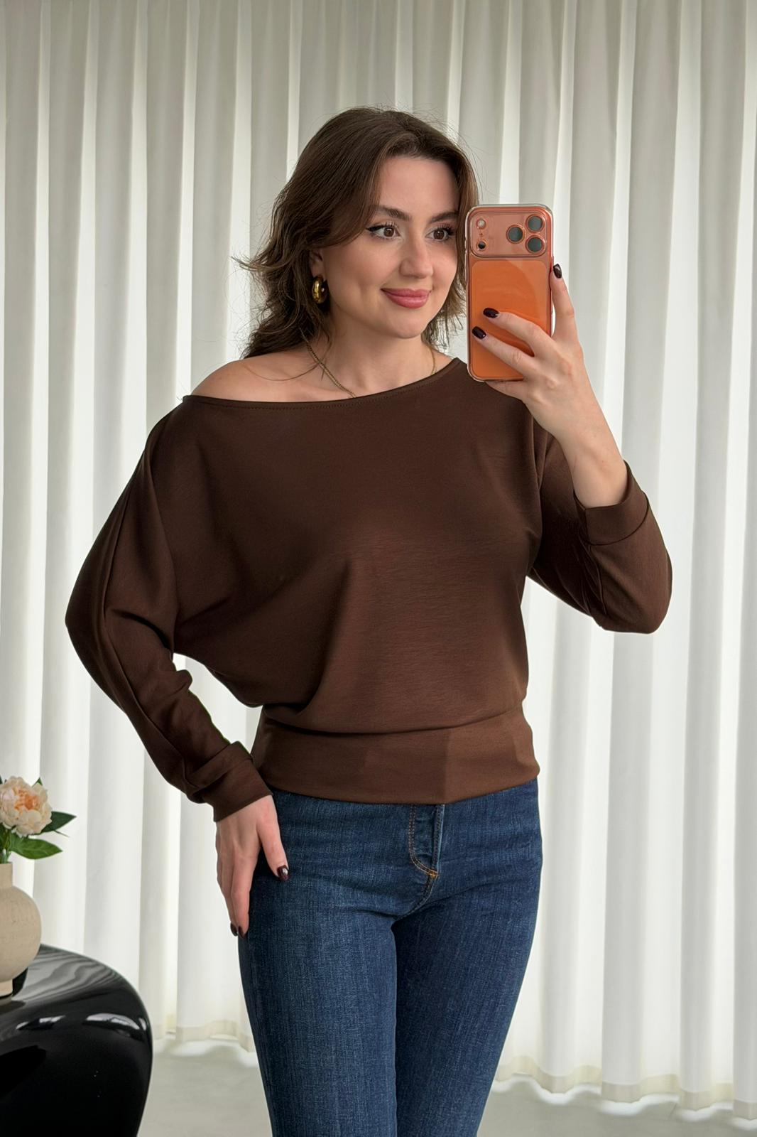 Düşük Kol Bluz - Kahve