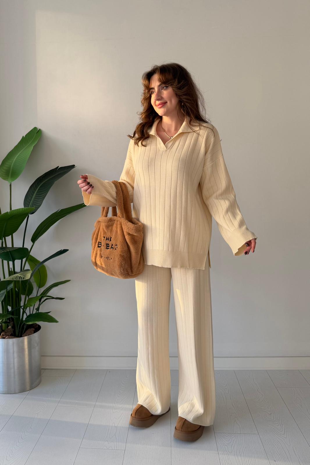 Fitilli Triko Takım - Krem