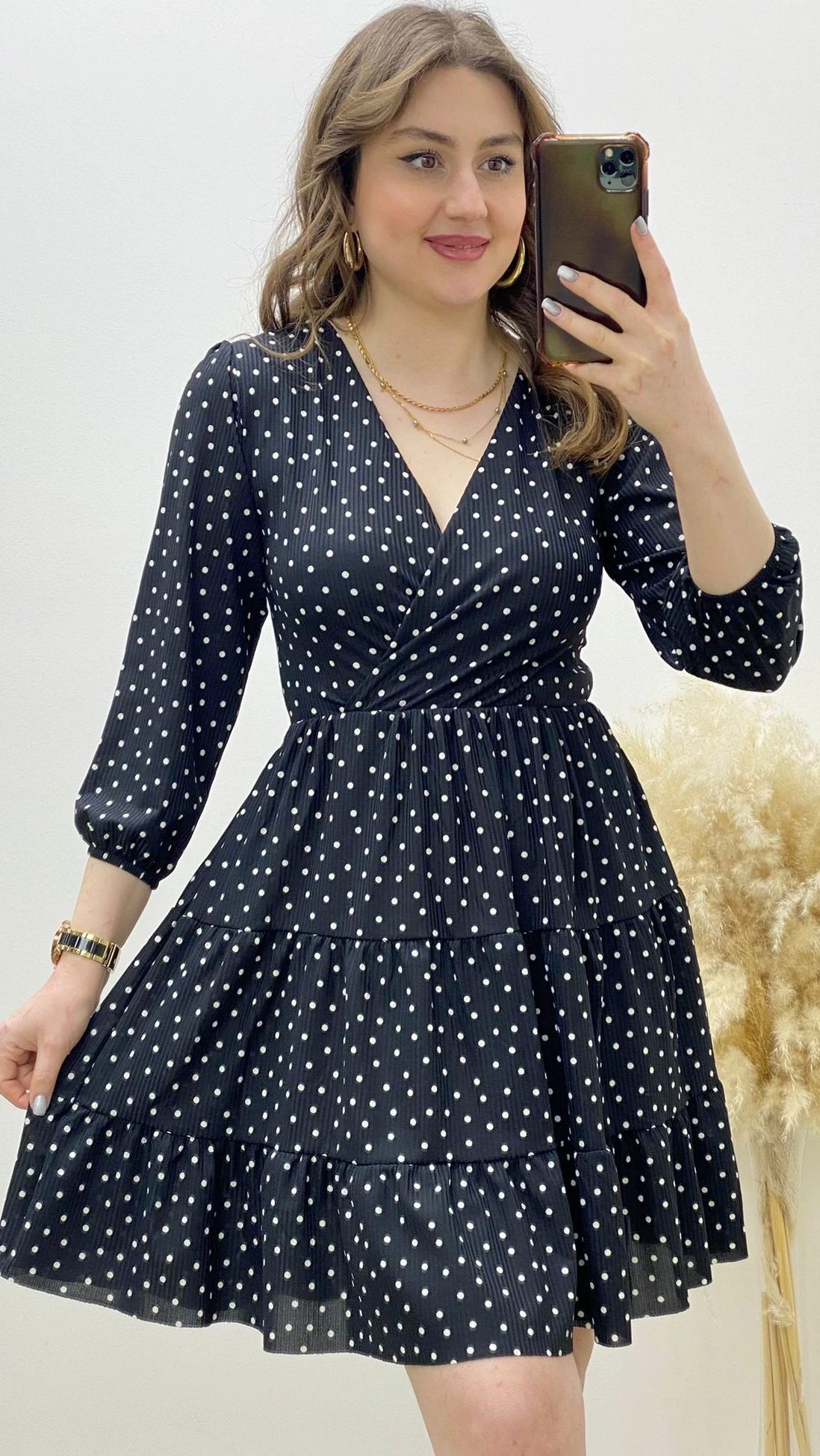 Puantiye Kloş Elbise Siyah