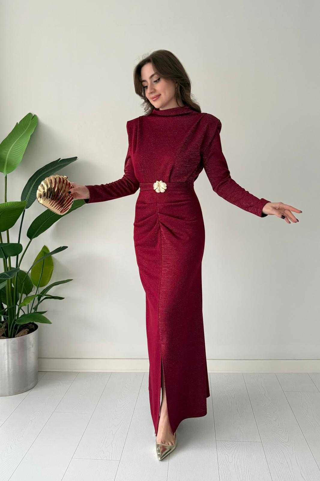 Sim Dokulu Maksi Elbise - Bordo