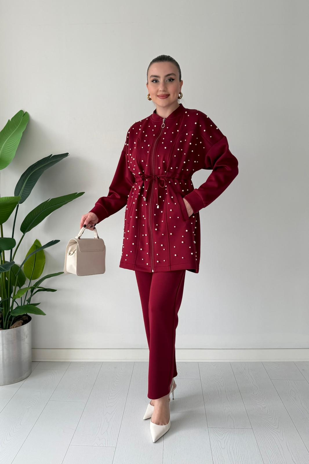 Üstü İncili İkili Takım - Bordo