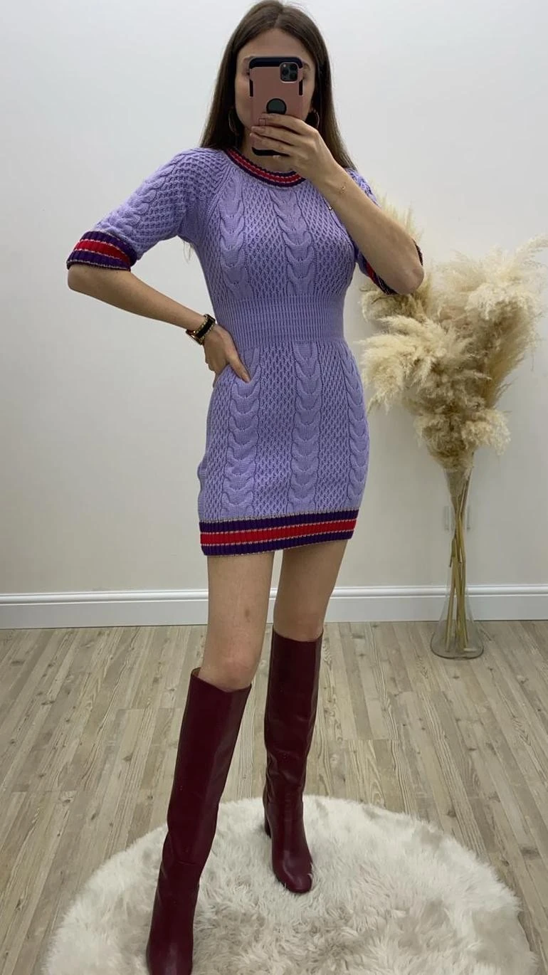 Simli Saç Örgü Triko Elbise Lila Kırmızı