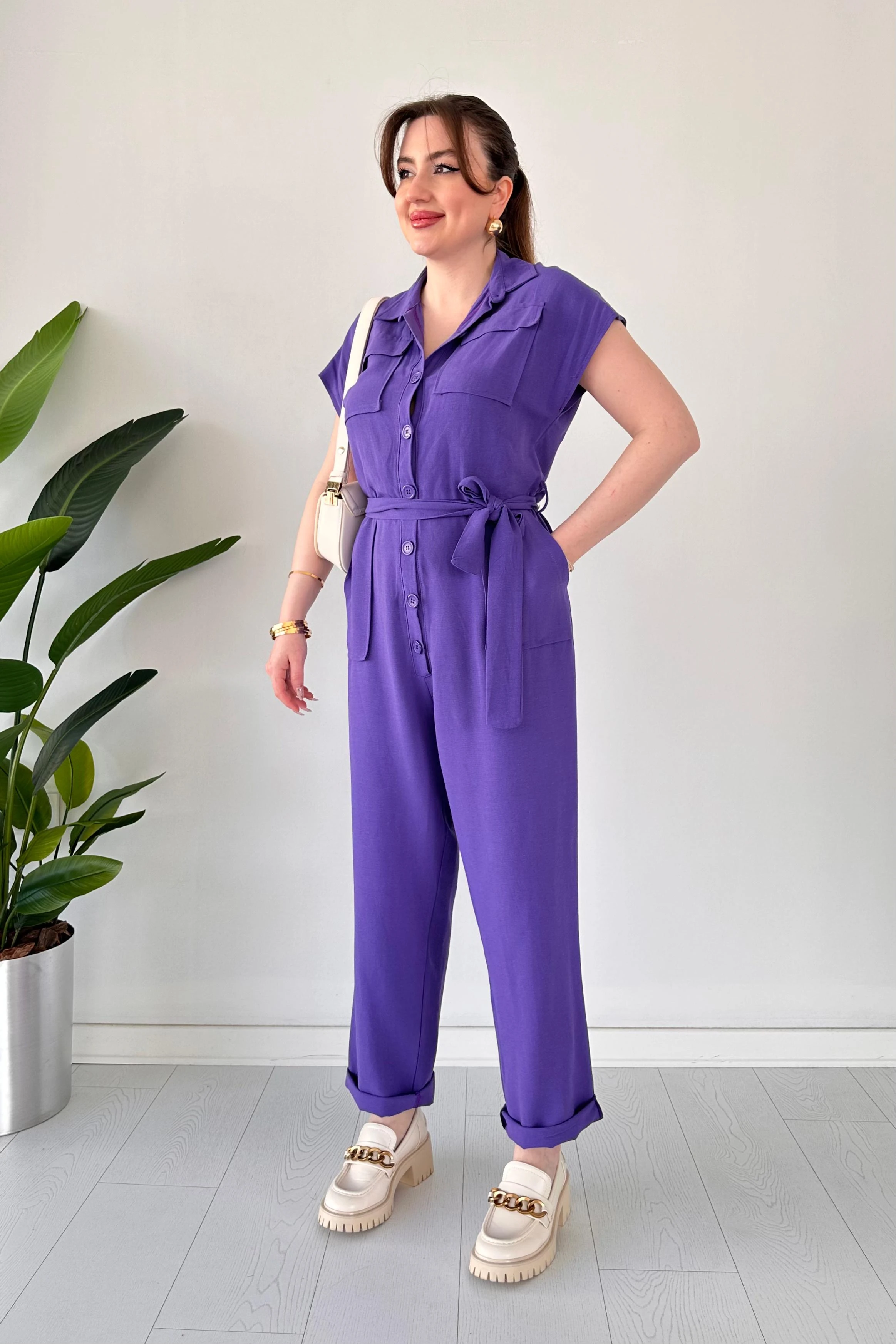 Düğmeli Keten Tulum