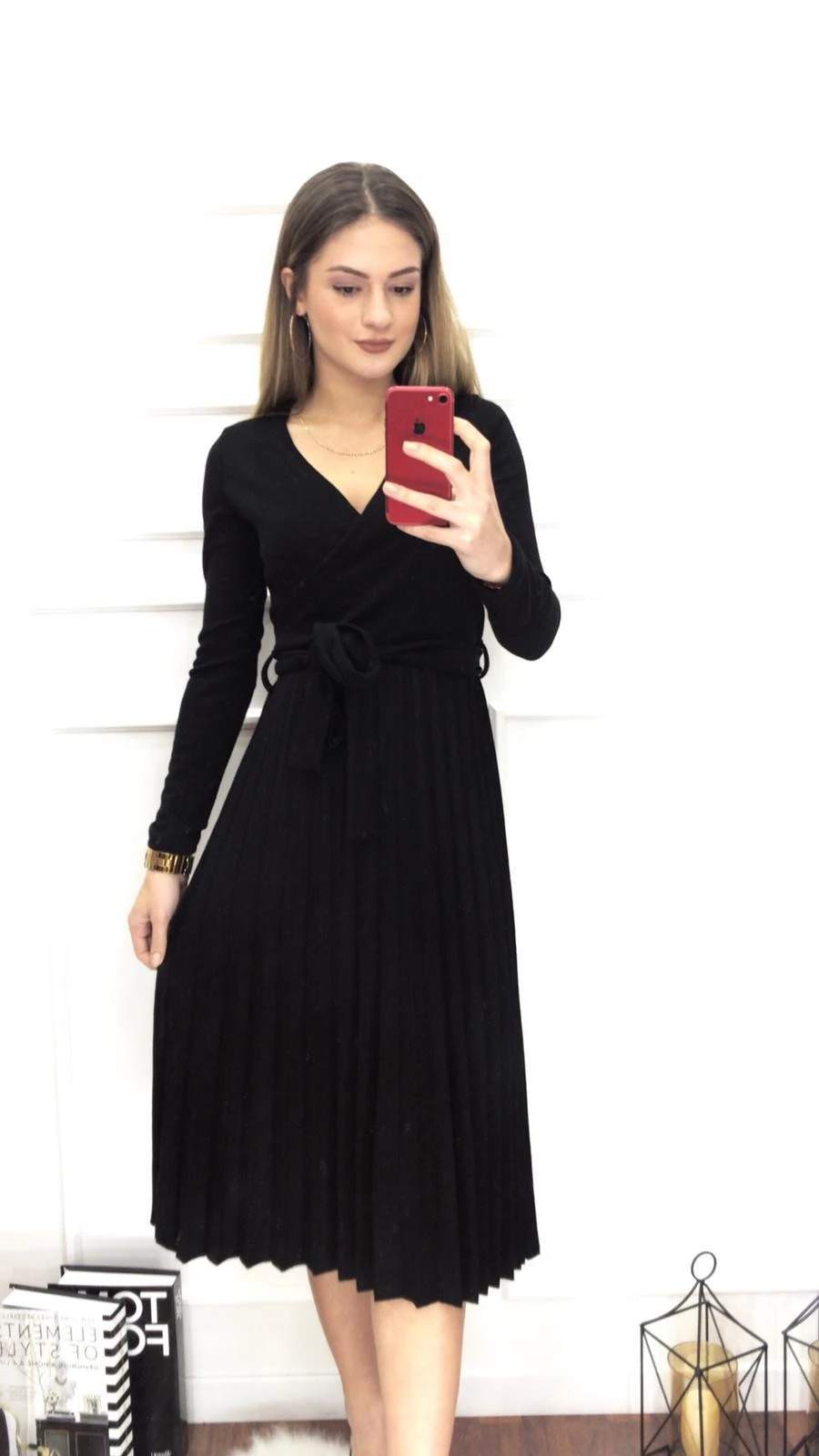 Kruvaze Yaka Triko Elbise Siyah