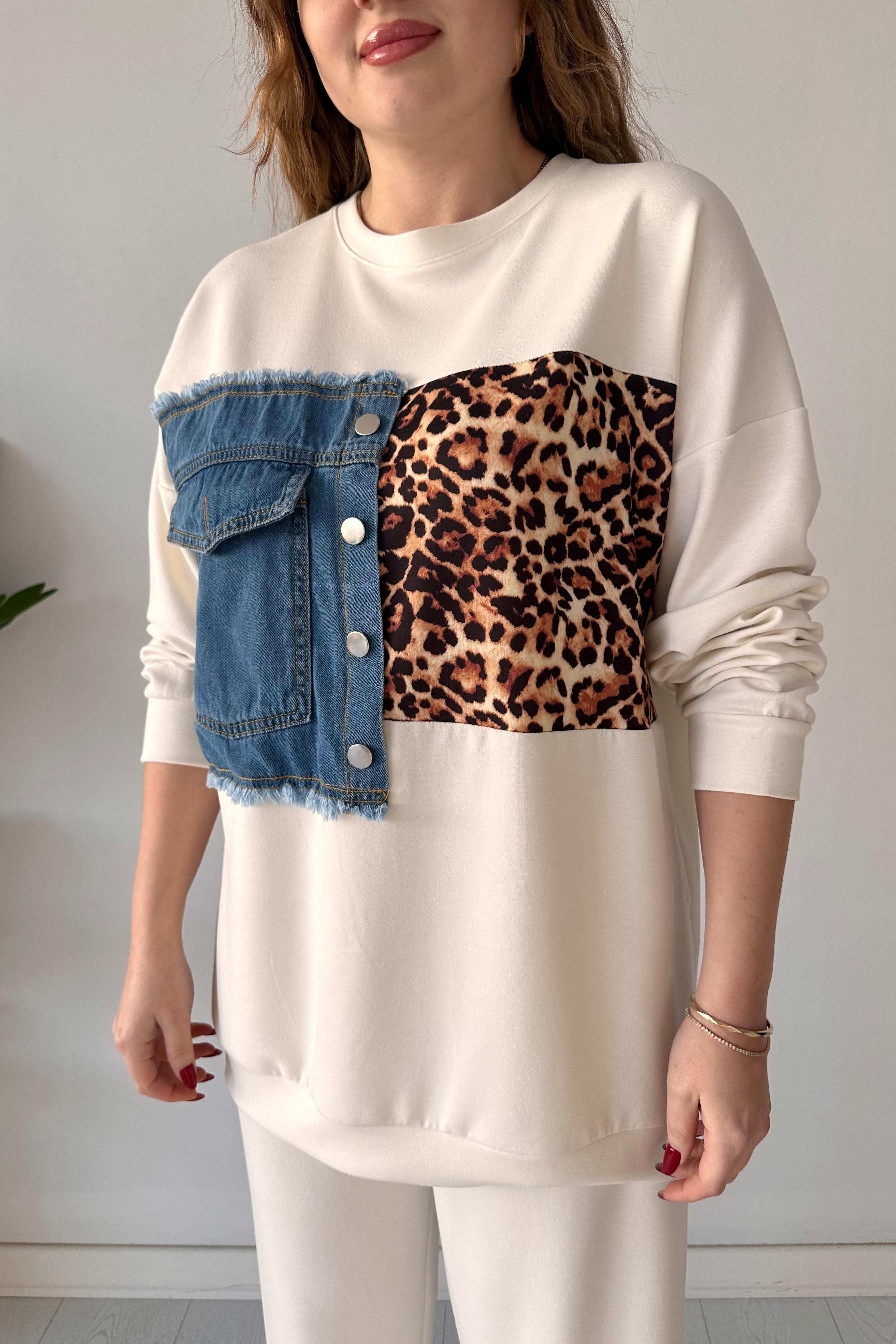 Leopar Denim Detay Modal Takım