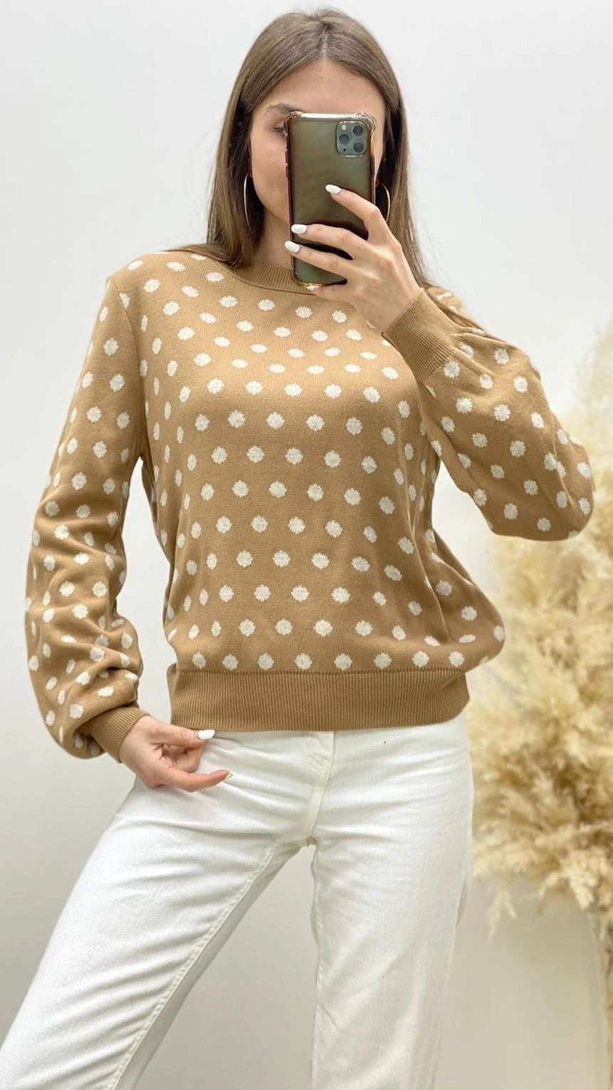 Puantiyeli Triko Kazak Bej