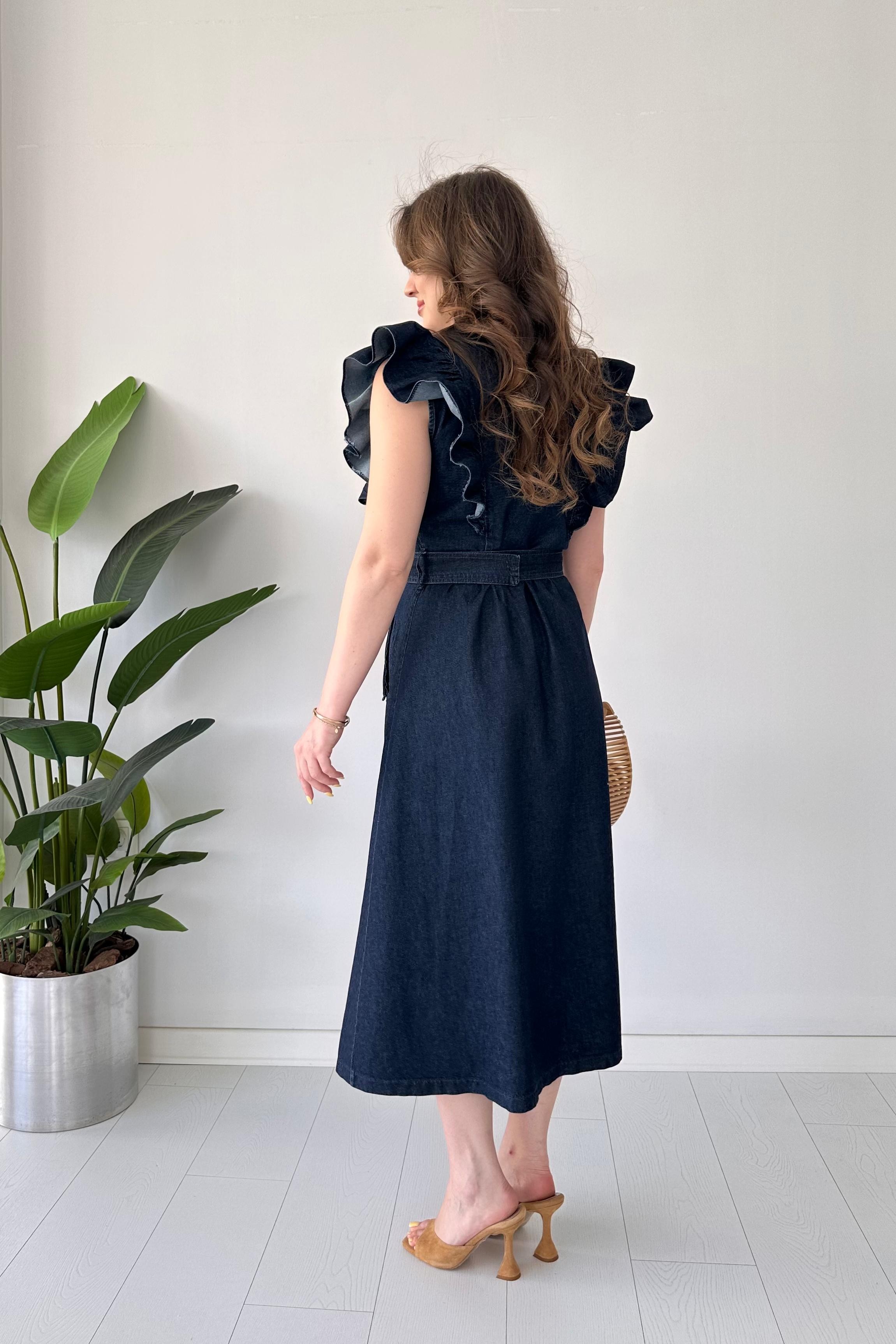 Volanlı Denim Elbise