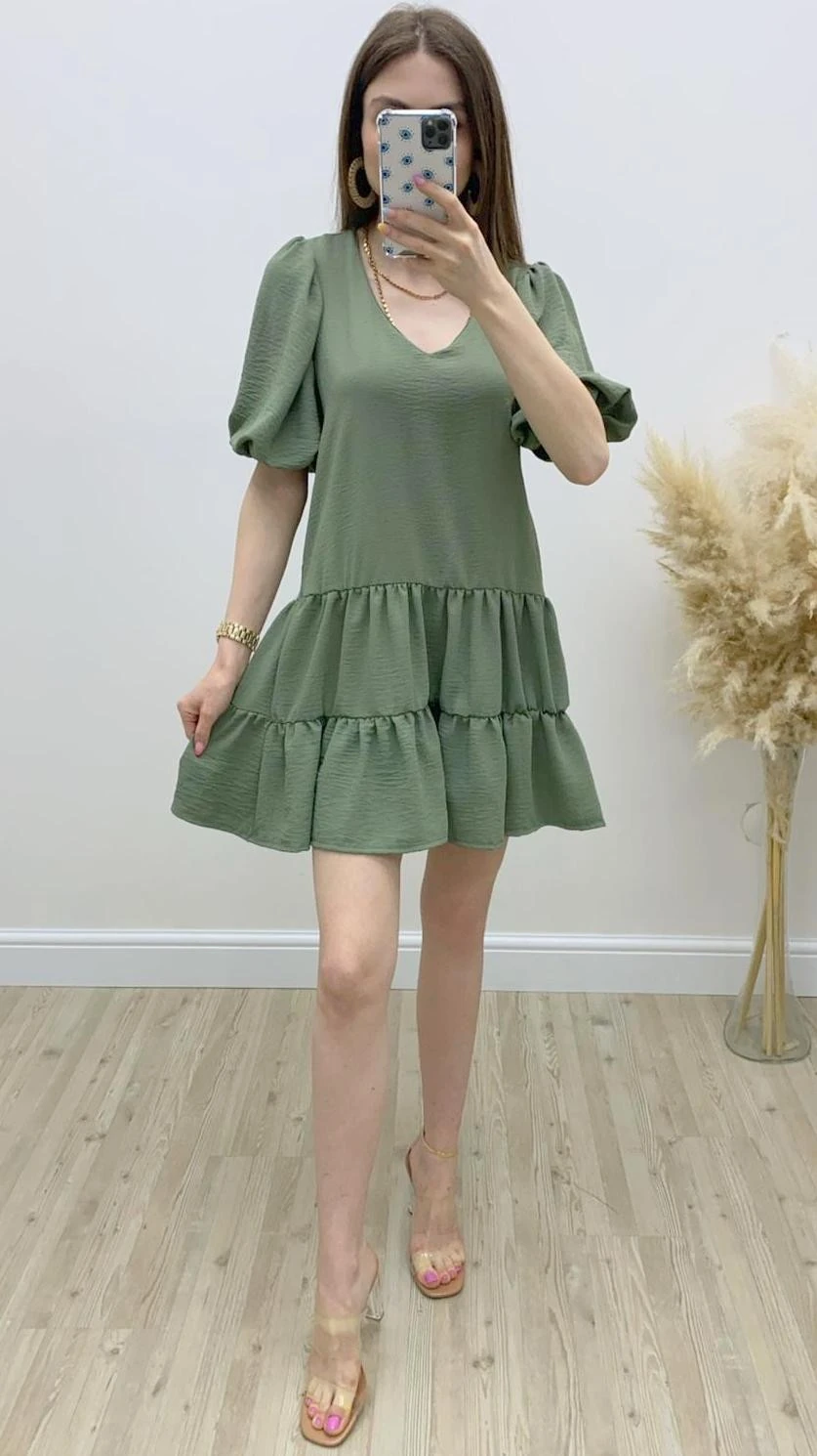 V Yaka Balon Kol Elbise Haki