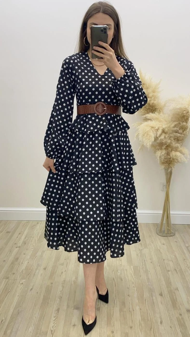 Kat Kat Puantiyeli Kemerli Elbise