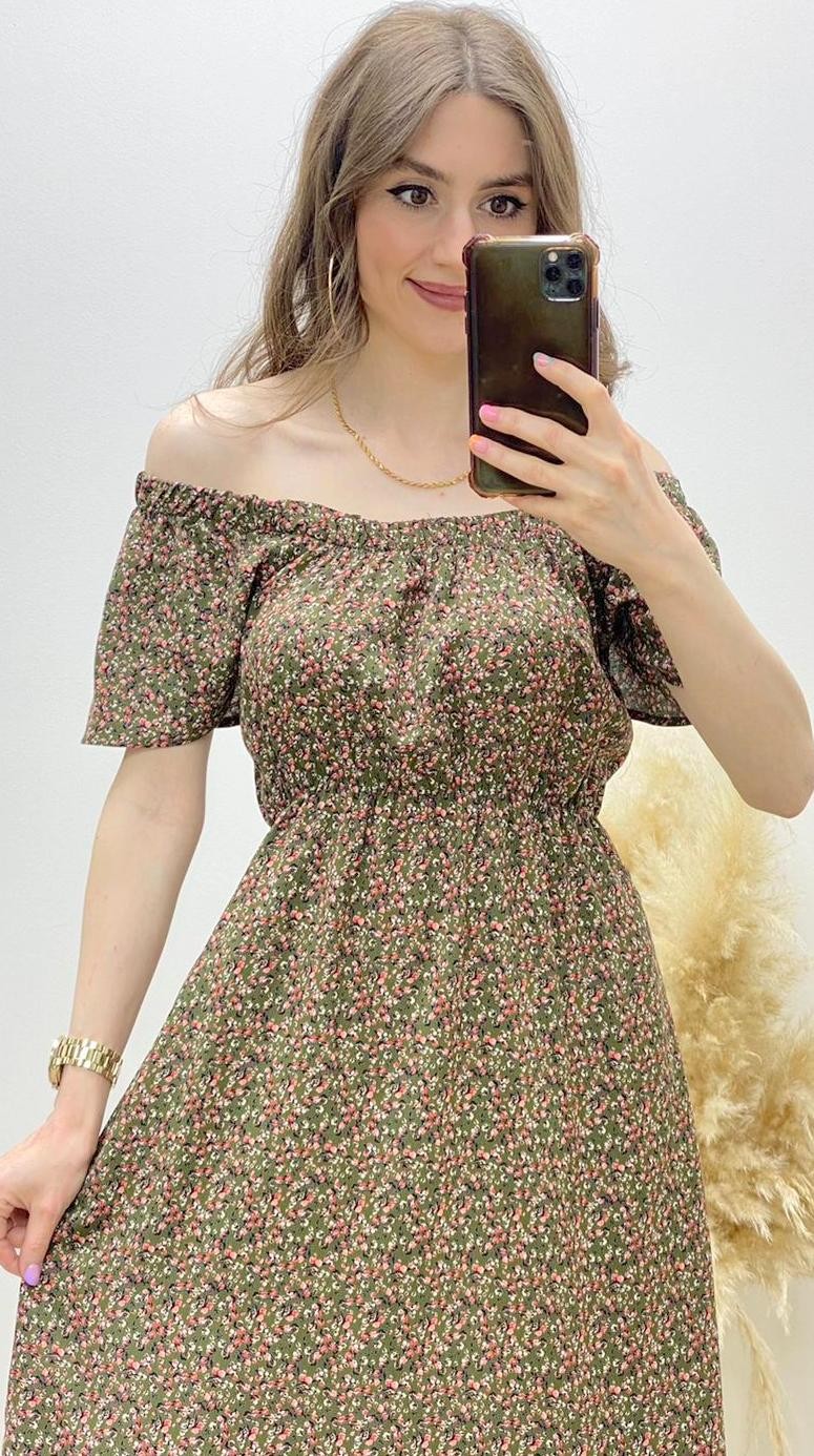 Çıtır Desen Madonna Viskon Elbise Haki