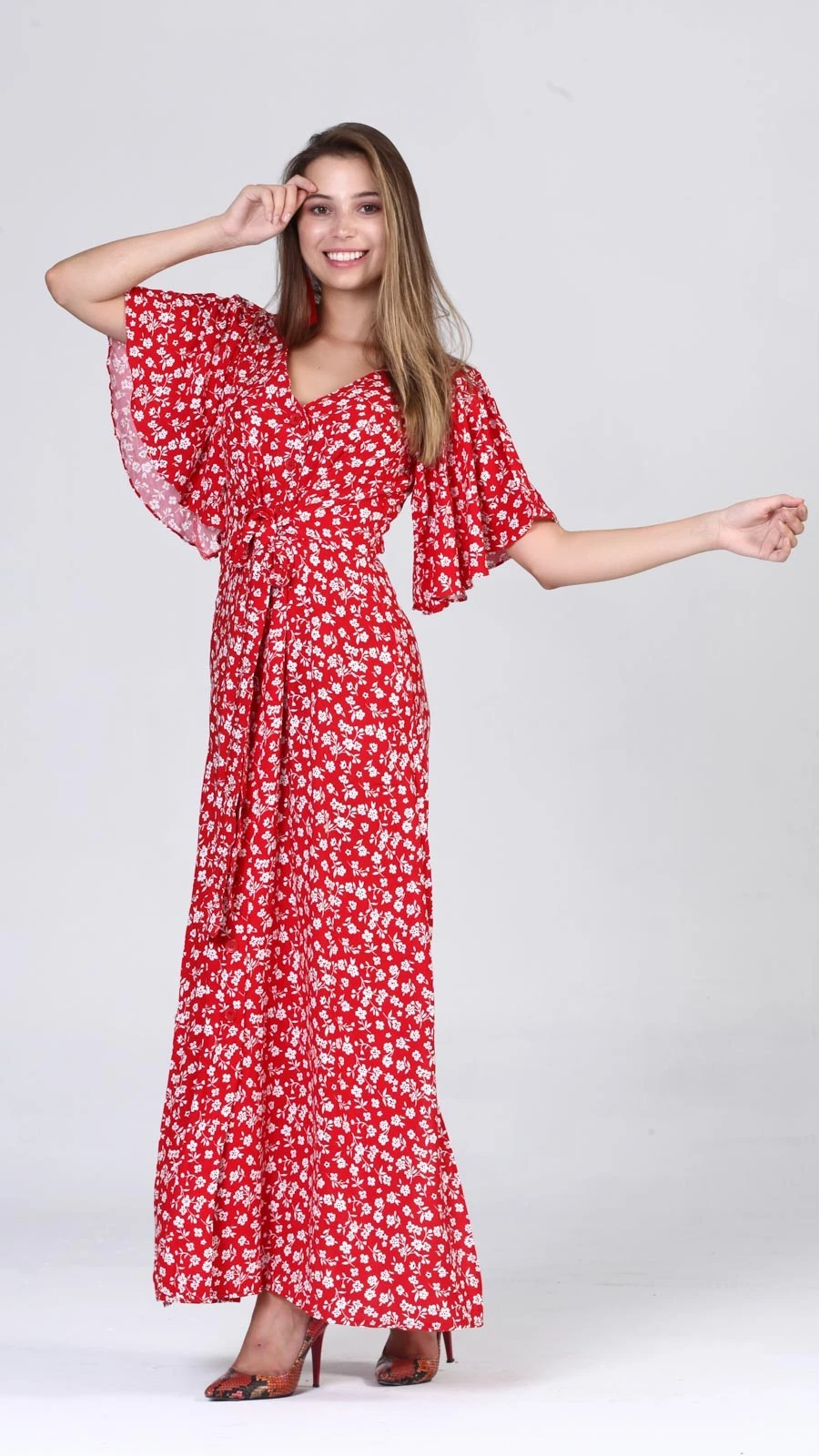 Boydan Düğmeli Yarasa Kol Elbise - Kırmızı