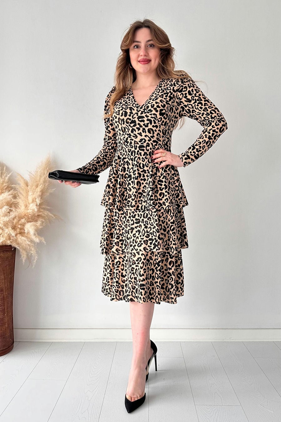 Katlı Leopar Krep Elbise
