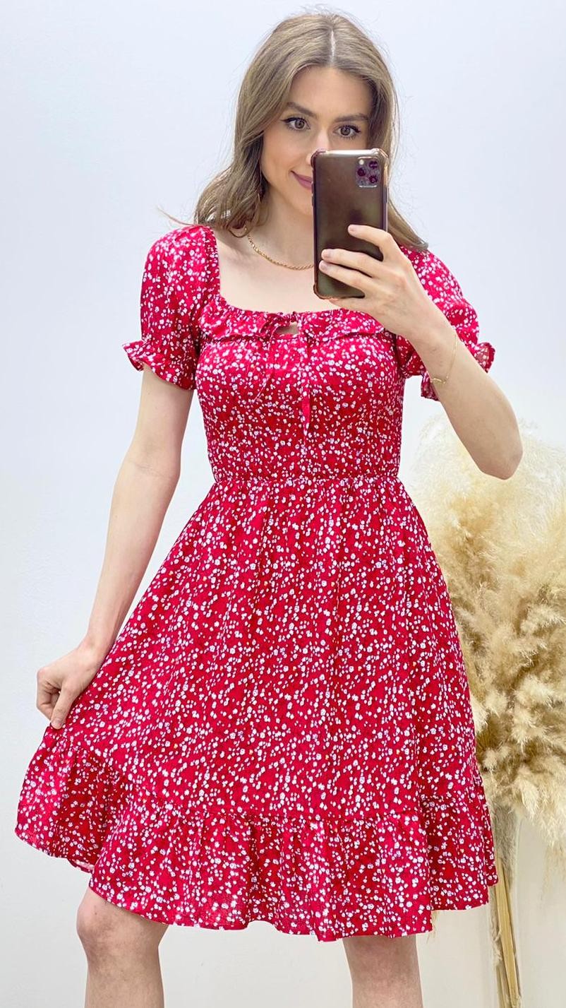 Kısa Kol Çıtır Desen Gipeli Kloş Elbise Kırmızı