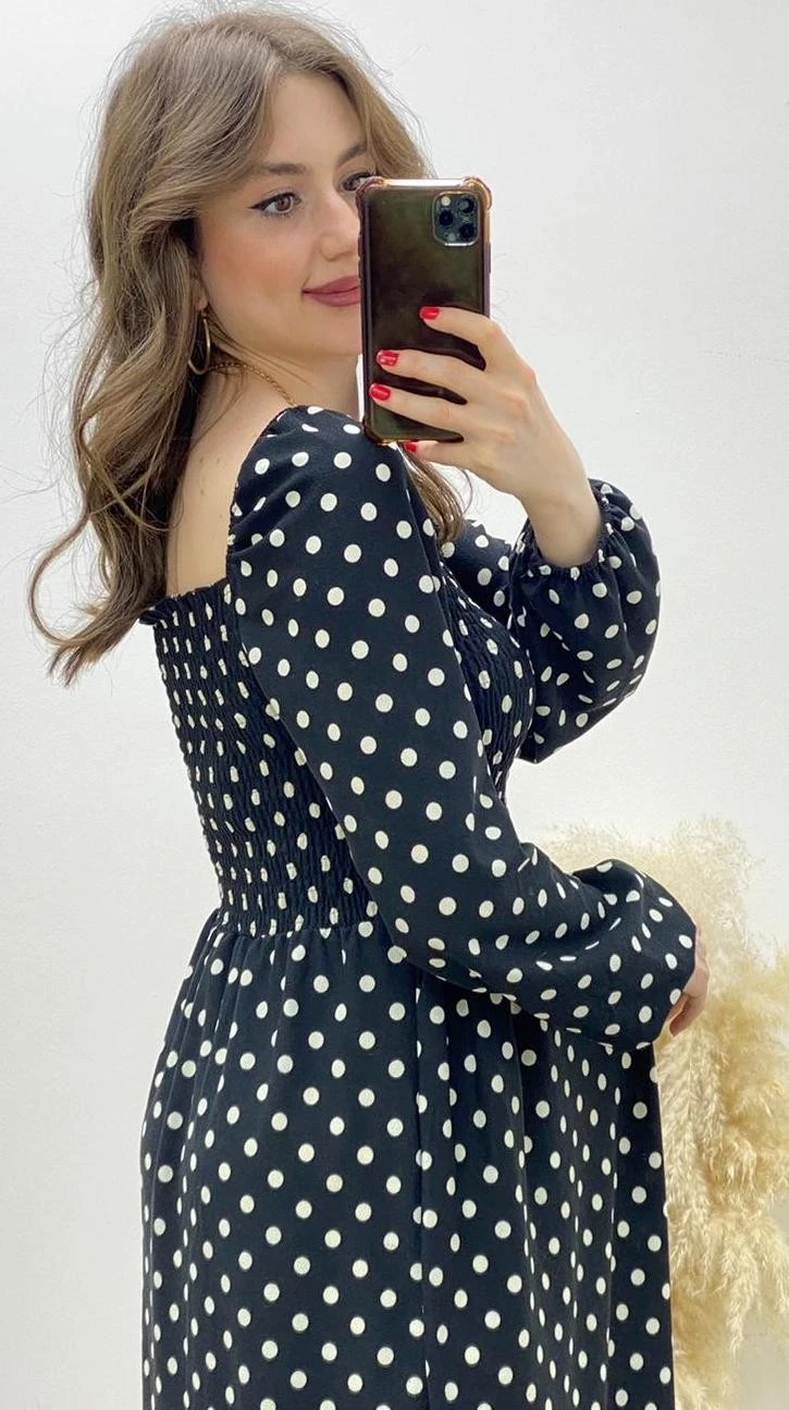 Uzun Kol Puantiyeli Krep Elbise Siyah