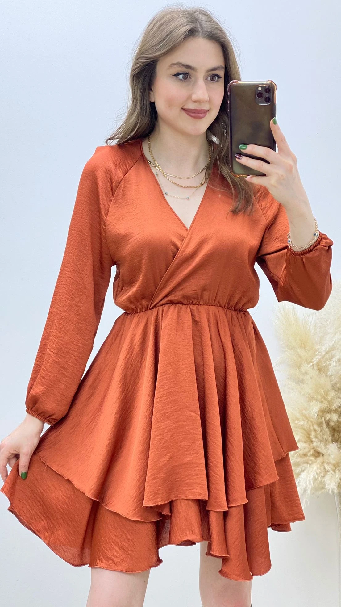 Kat Kat Saten Elbise Kiremit