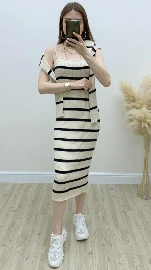 Hırkalı İp Askılı Triko Elbise Bej