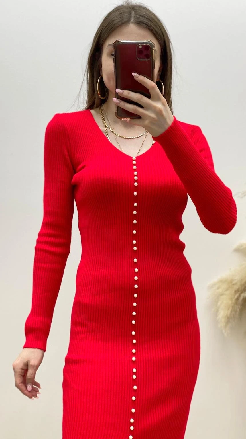 İncili Triko Elbise Kırmızı