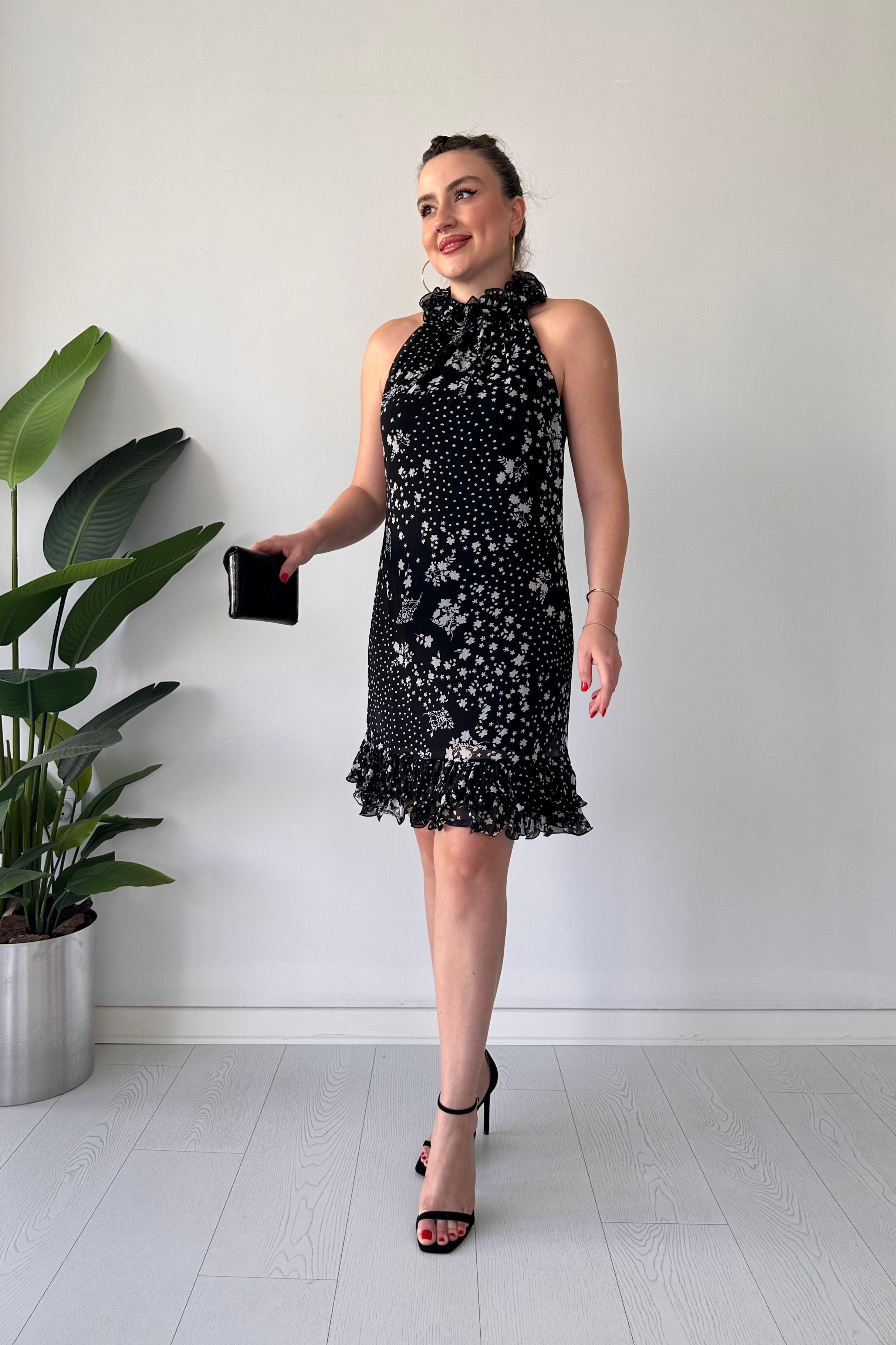 Çiçekli Farbala Elbise