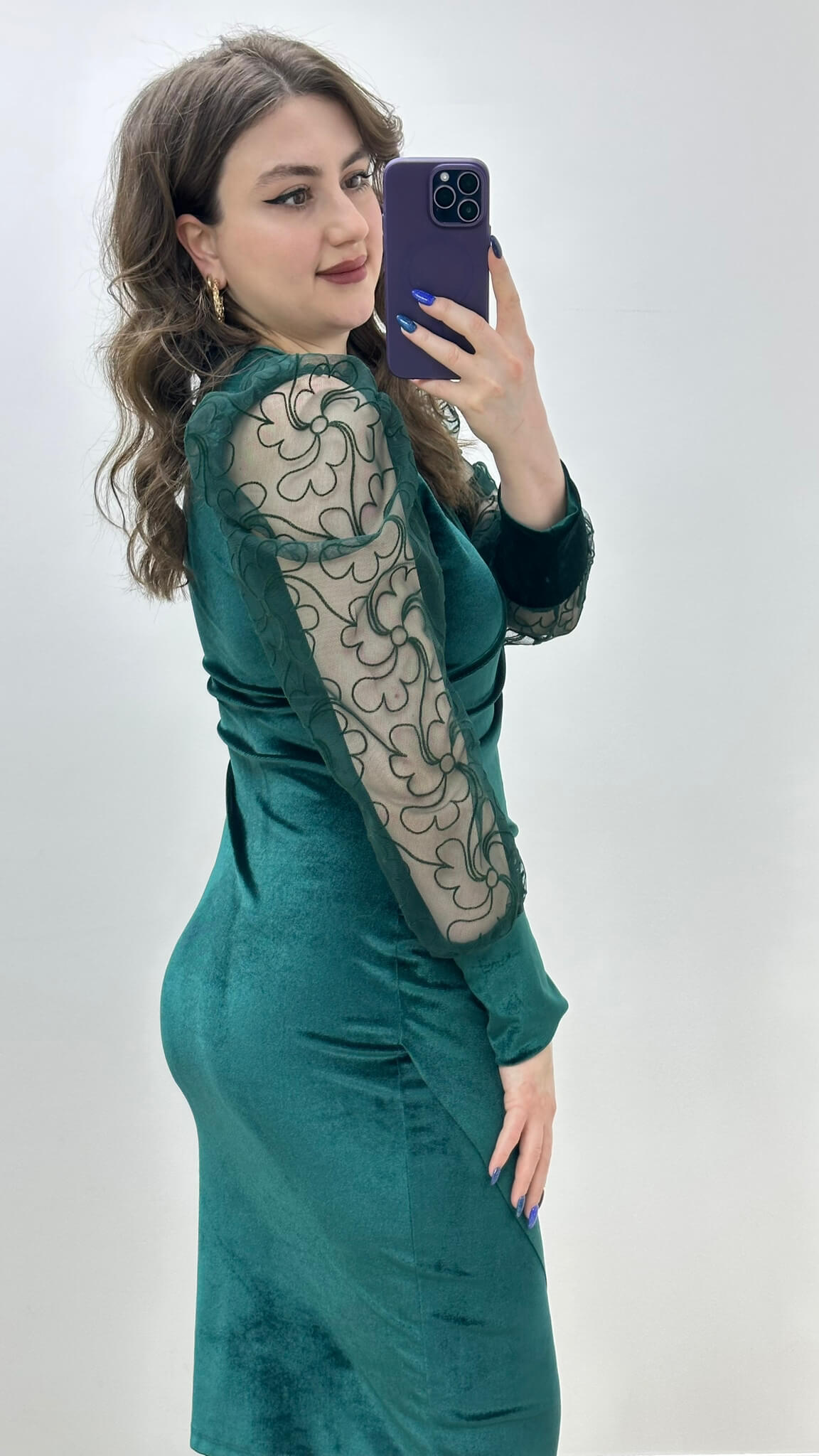 Tül Kollu Kadife Elbise Yeşil