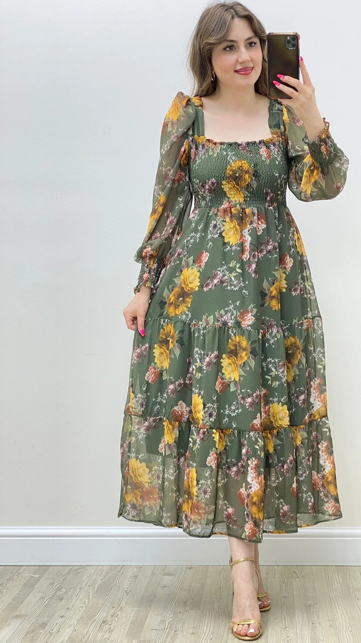 Gipeli Ortanca Şifon Elbise Haki