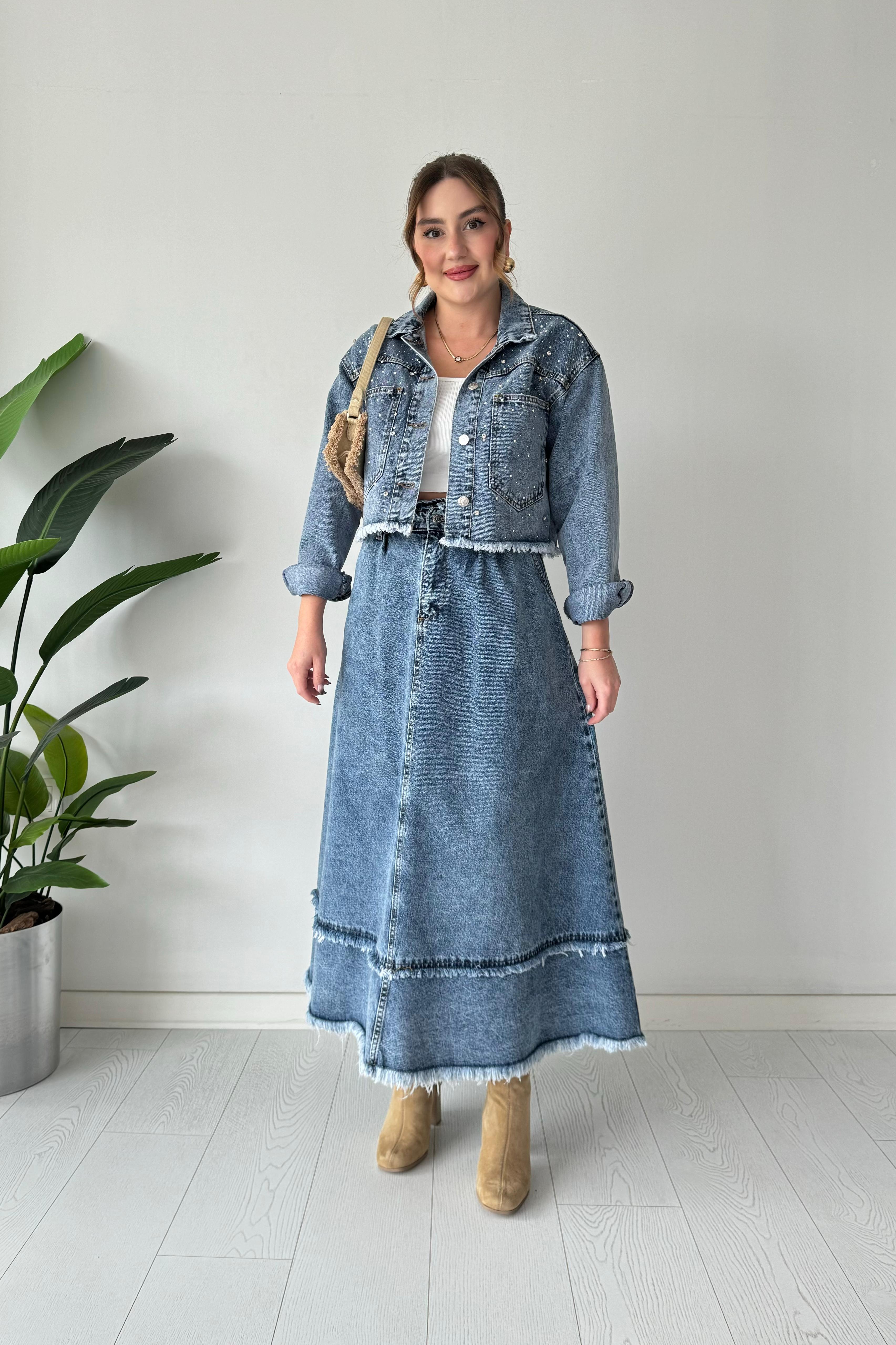 Midi Kloş Denim Etek