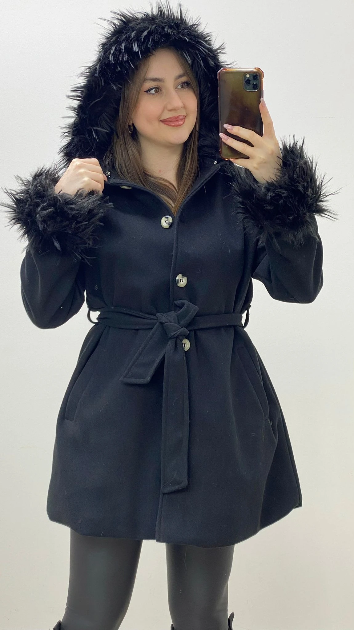 Kürklü Kaşe Kaban Siyah