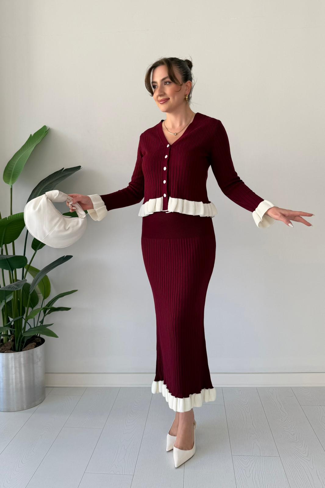Volanlı Triko Takım - Bordo