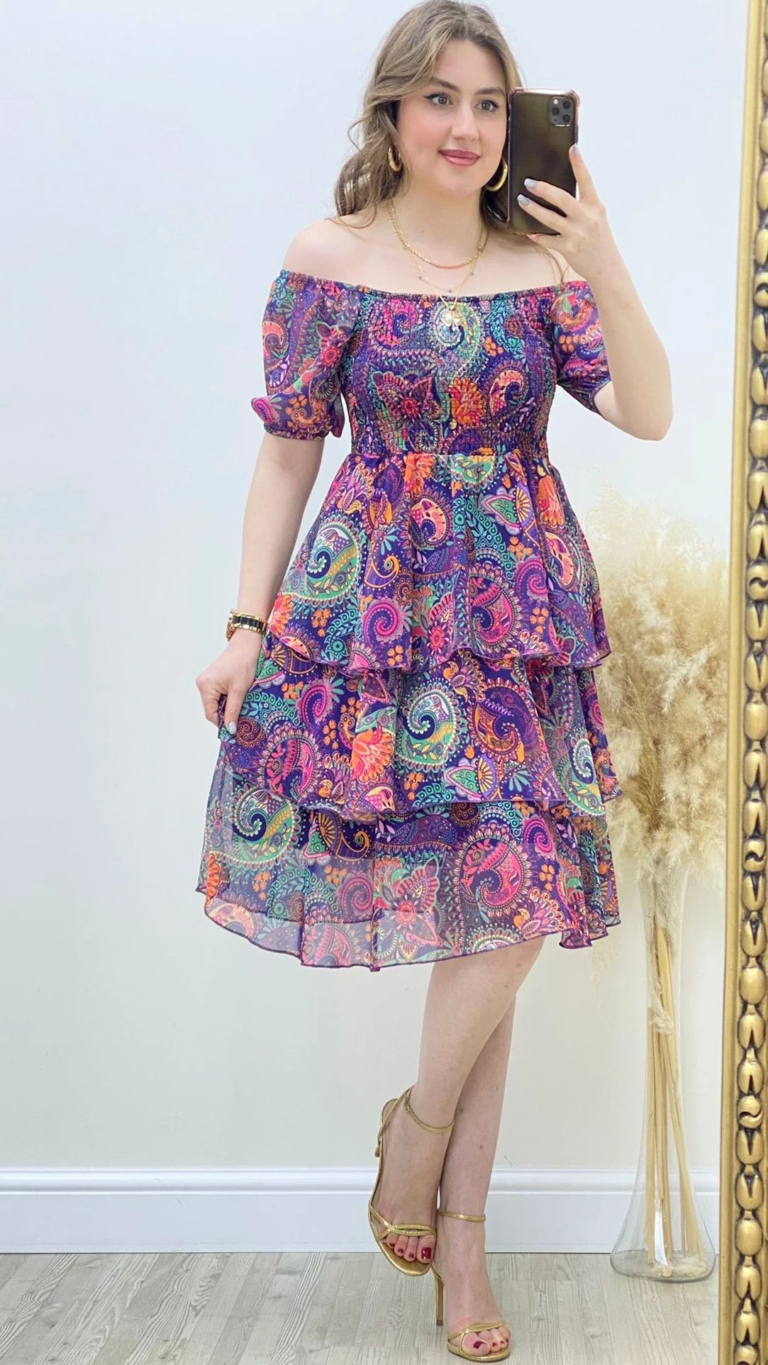 Katlı Şal Desen Şifon Elbise Mor