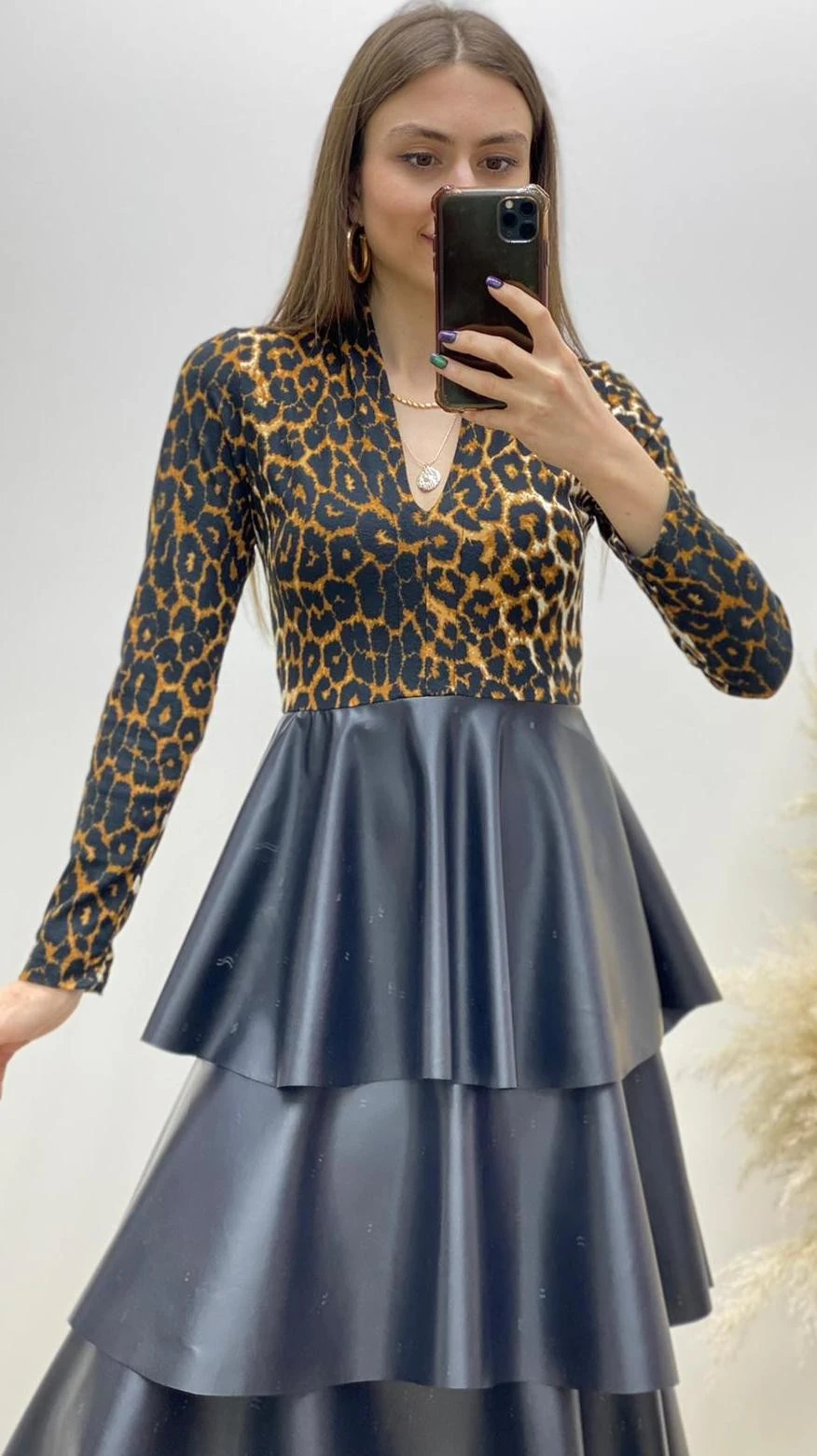 Leopar Desen Kat Kat Deri Elbise Siyah