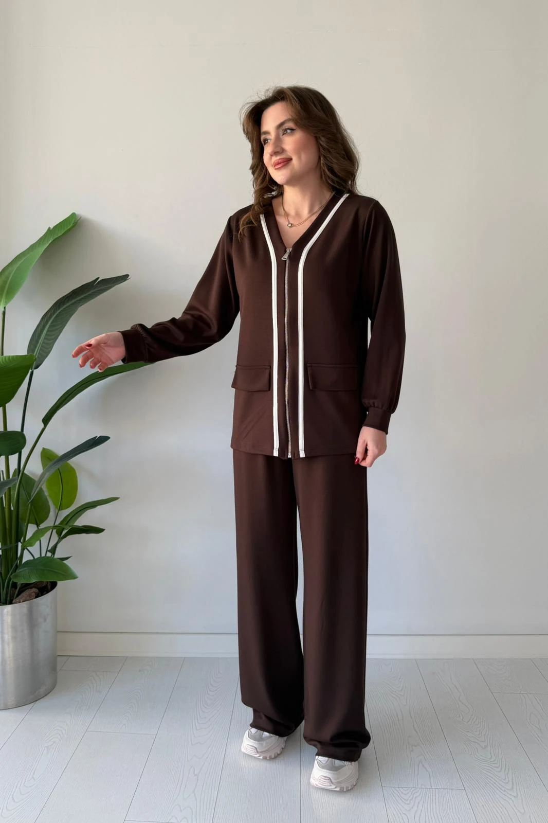 Biye Garnili Fermuarlı Takım - Kahve