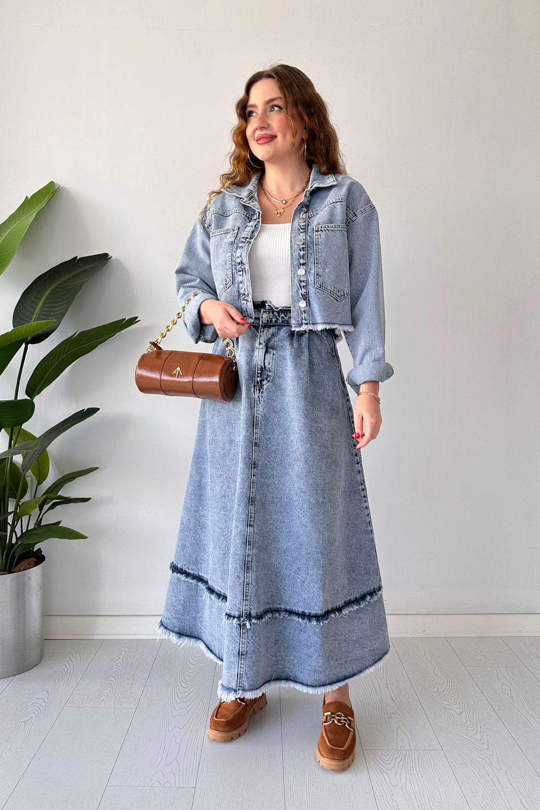 Kloş Etekli Denim Takım