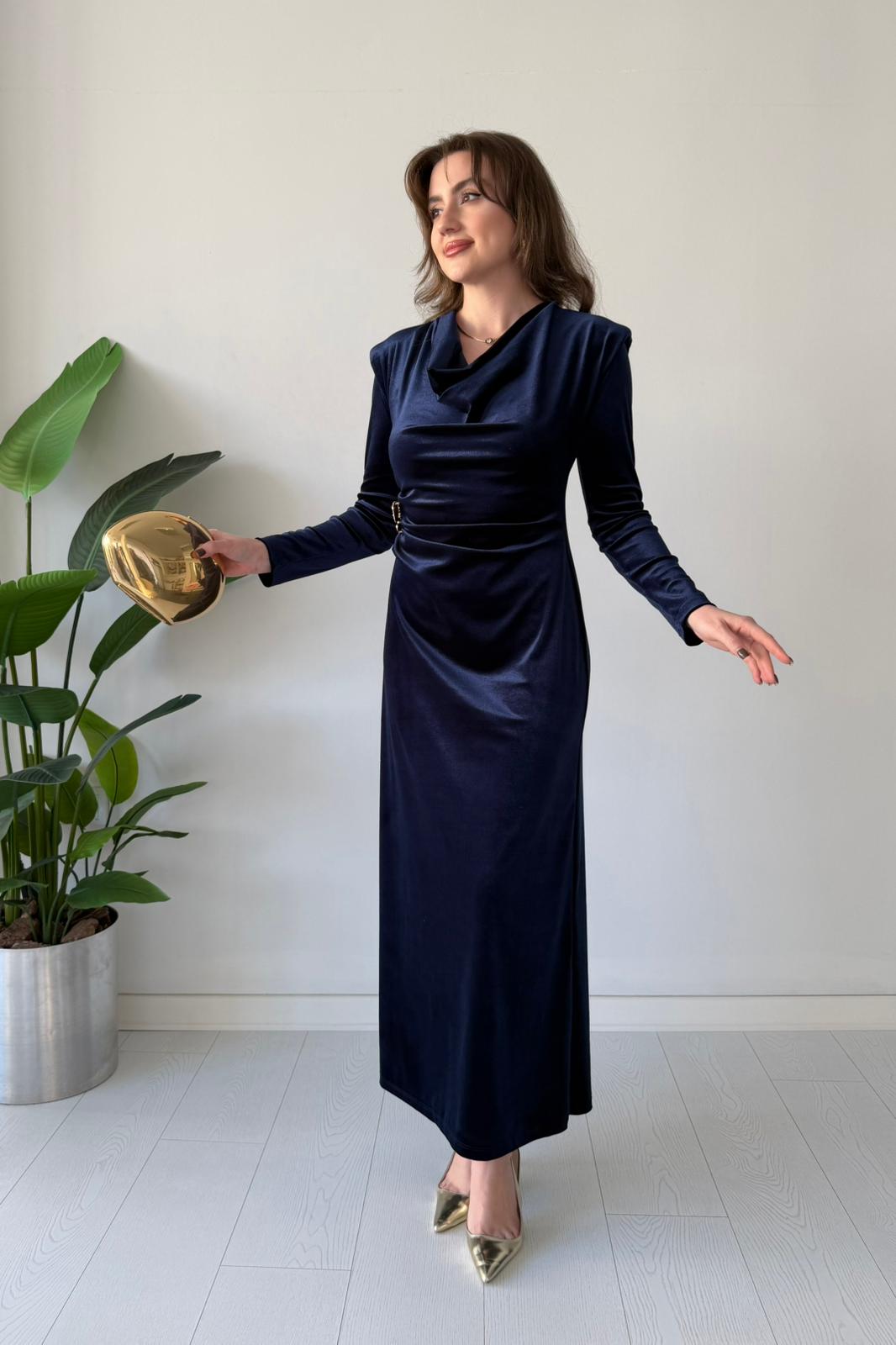 Degaje Kadife Elbise - Lacivert