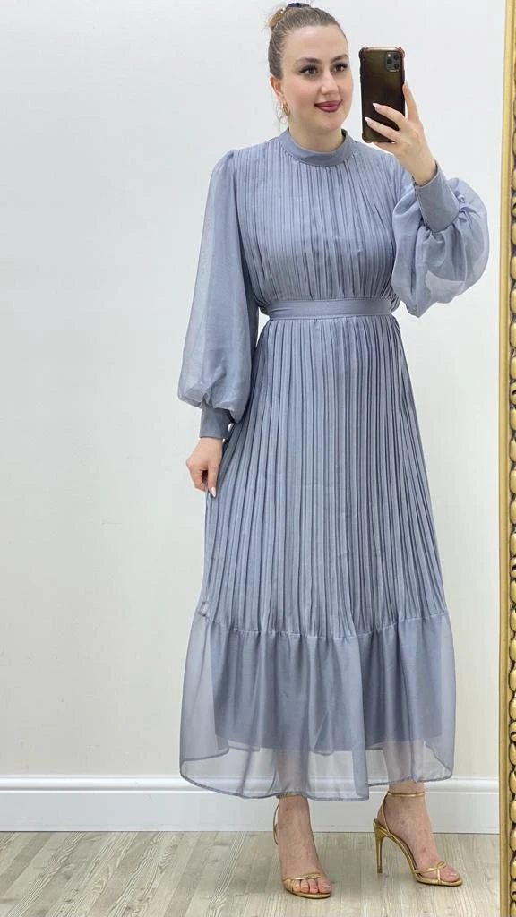 Organze Pileli Şifon Elbise Gümüş