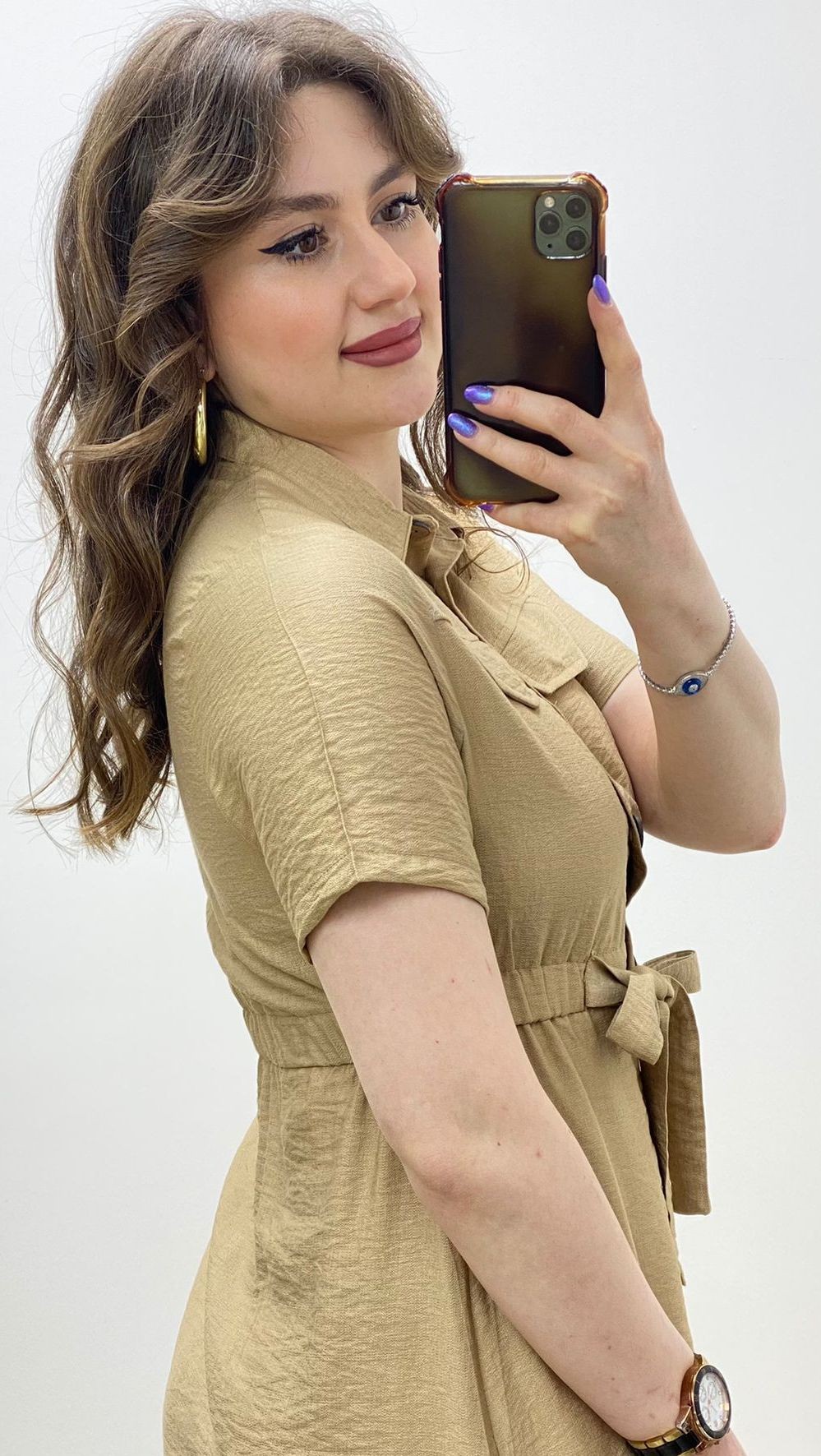 Lastik Kuşaklı Gömlek Elbise Bej