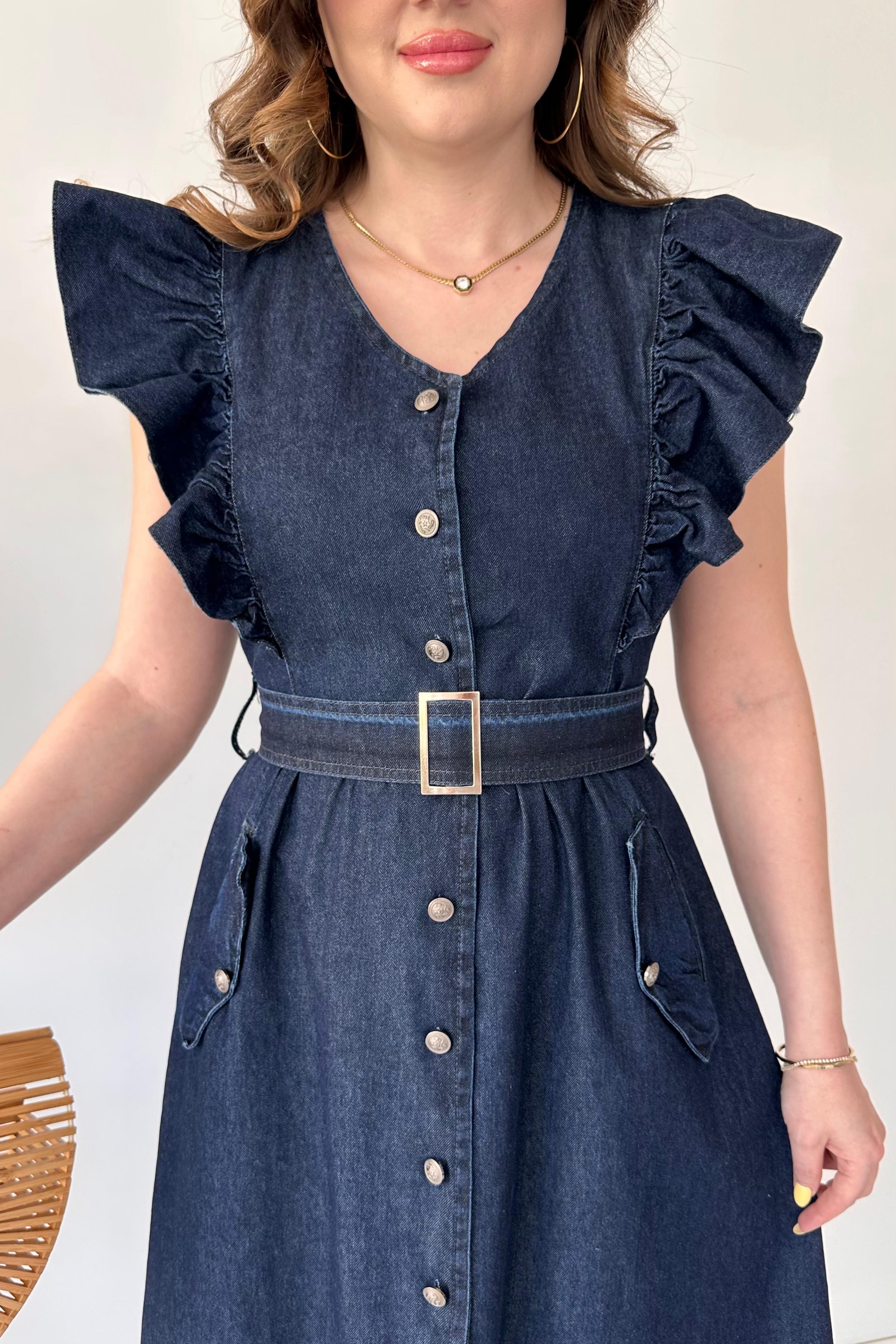 Volanlı Denim Elbise