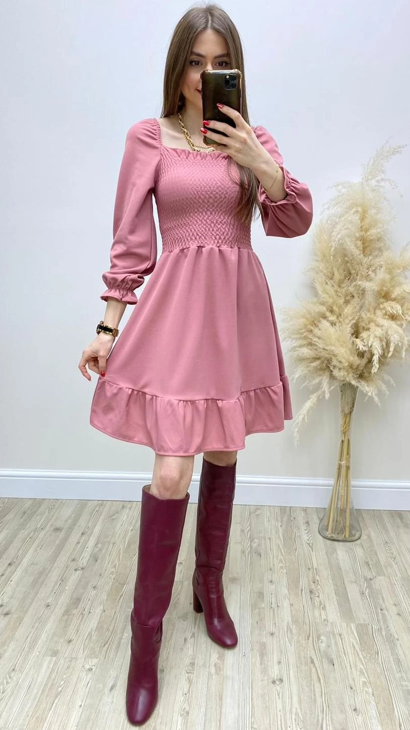 Gipeli Kare Yaka Kloş Elbise Pudra