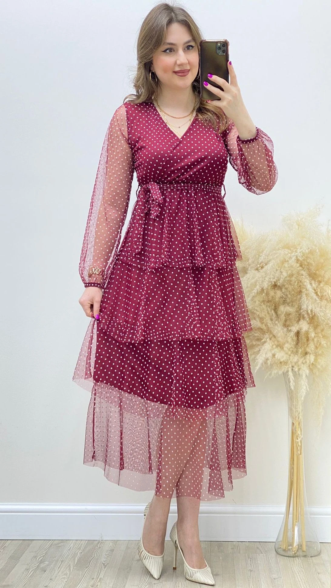 Katlı Puan Baskı Elbise Bordo