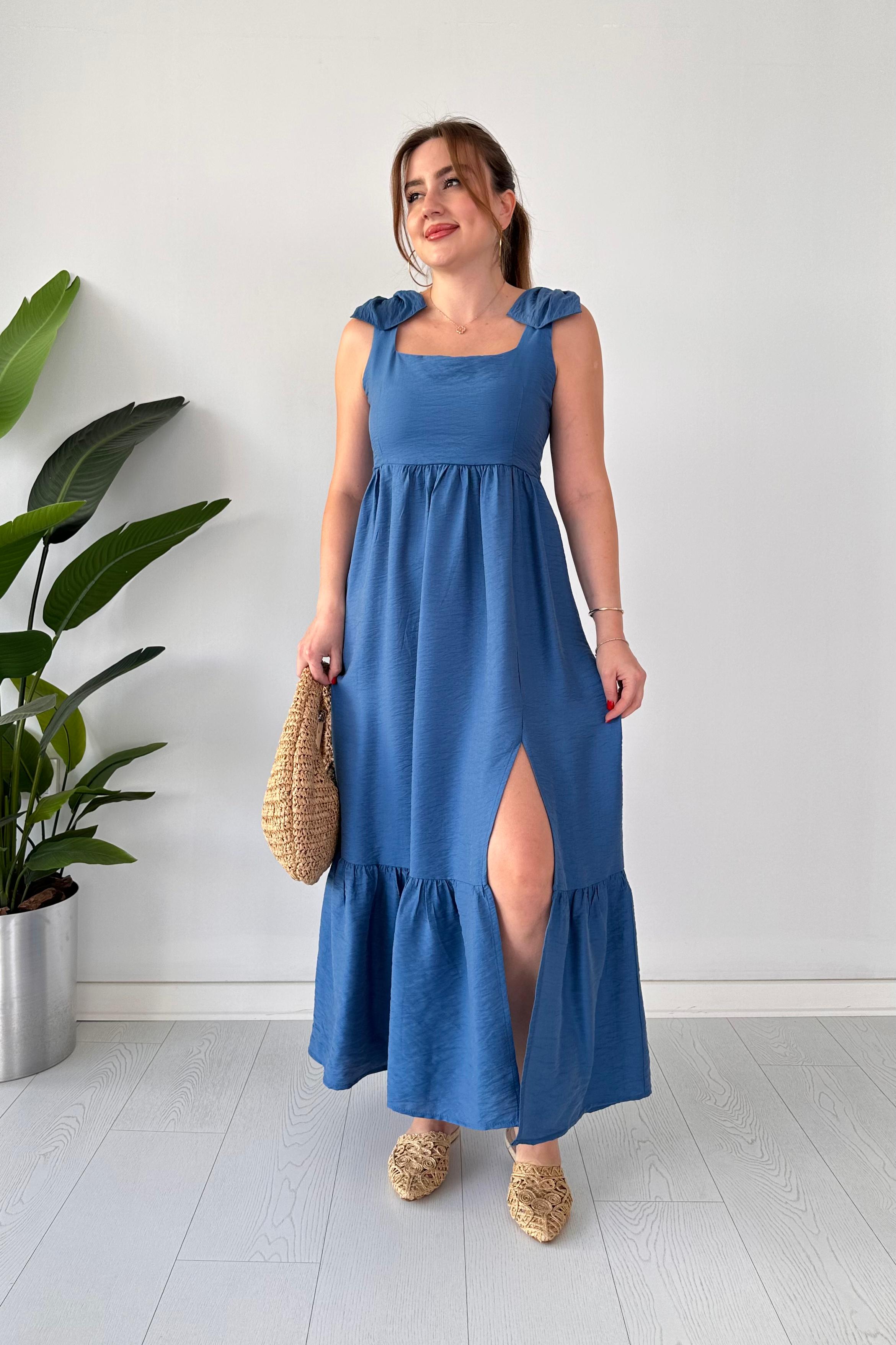 Omuz Fiyonk Keten Elbise