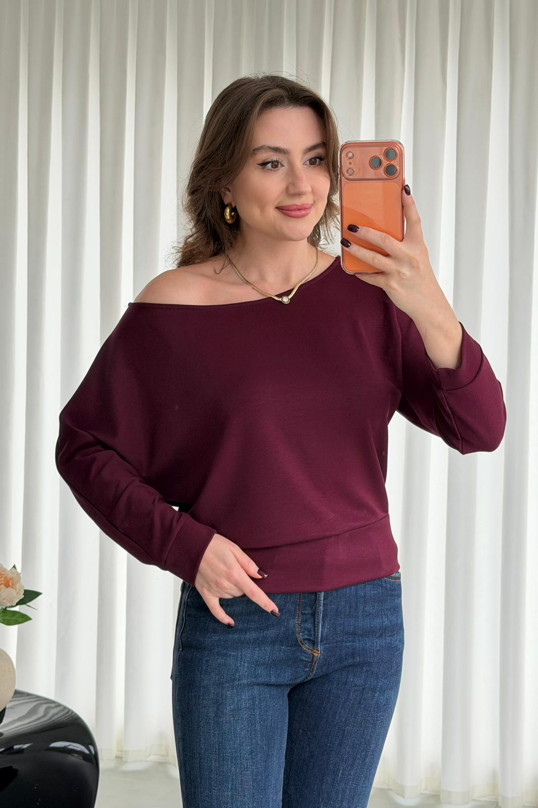 Düşük Kol Bluz - Bordo