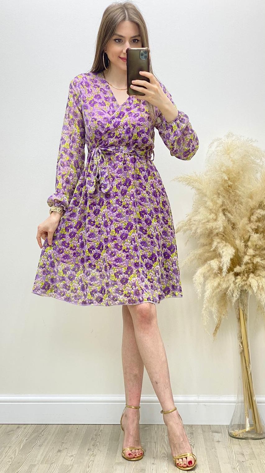 Menekşeli Kruvaze Şifon Elbise Mor