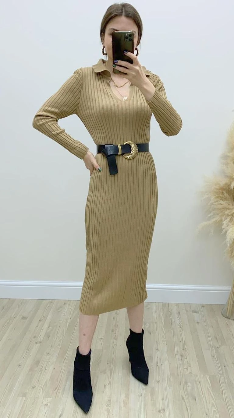Yakalı Fitilli Triko Elbise Bej