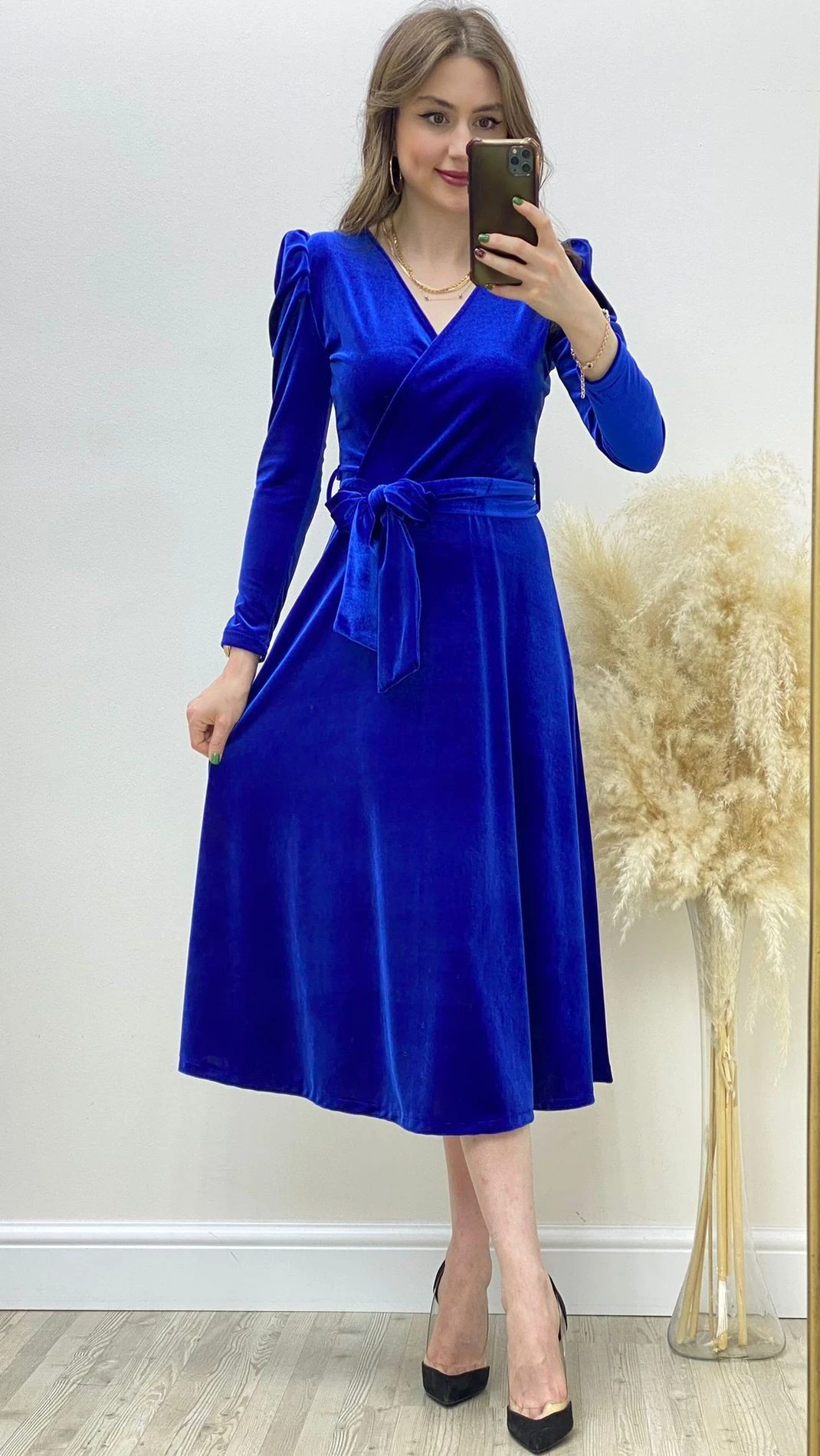 Karpuz Kol Kadife Elbise Saks Mavi