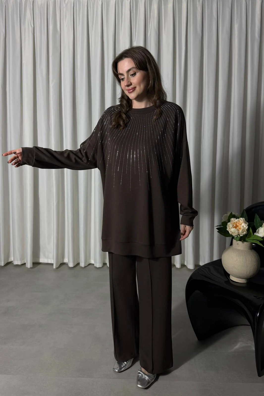 Sıra Taşlı İkili Takım - Kahve